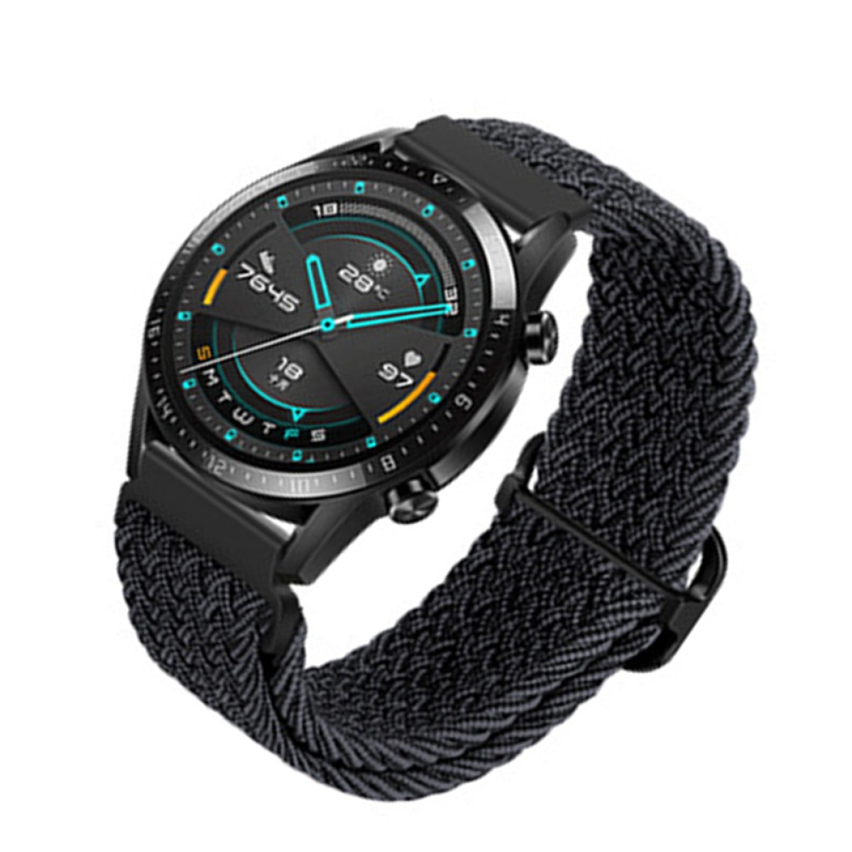 Smartwatch nero con cinturino intrecciato, che mostra ora, temperatura e dati di attività sul suo display rotondo. Isolato su sfondo bianco.