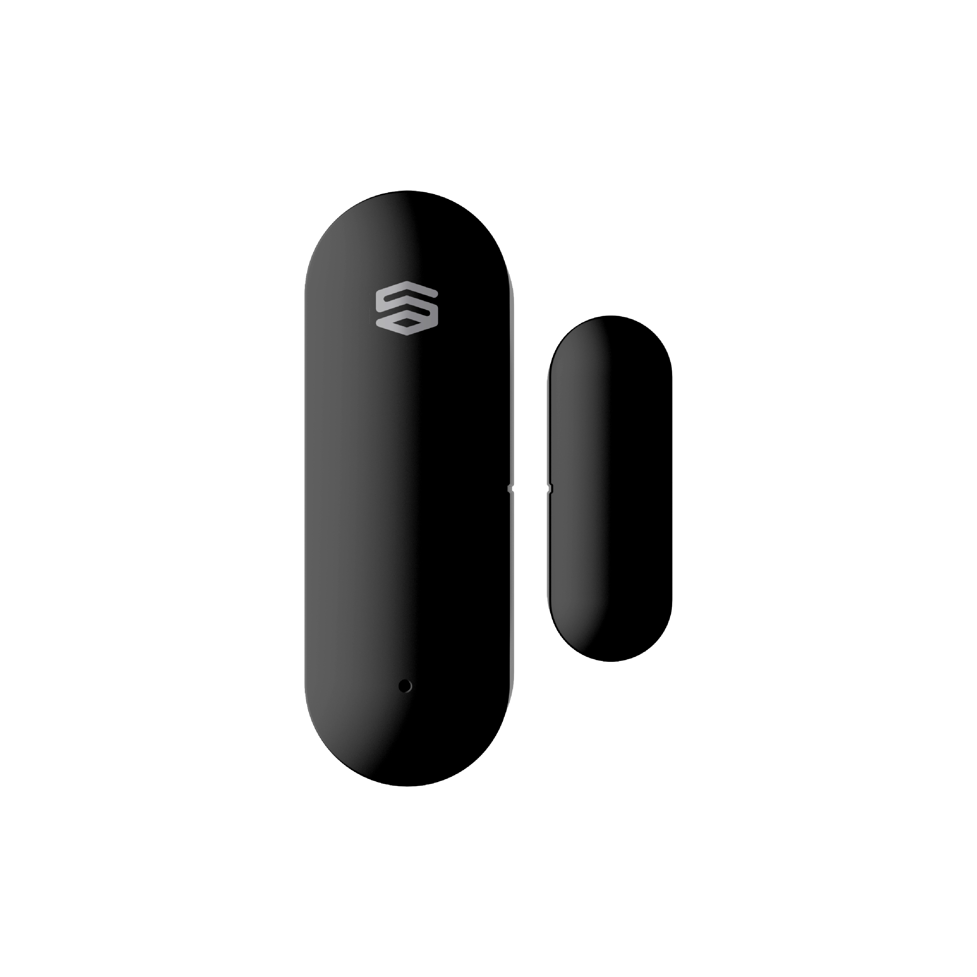 Daha büyük parçası üzerinde logo bulunan siyah SmartThings kapı sensörü. Her iki parça da ovaldir.