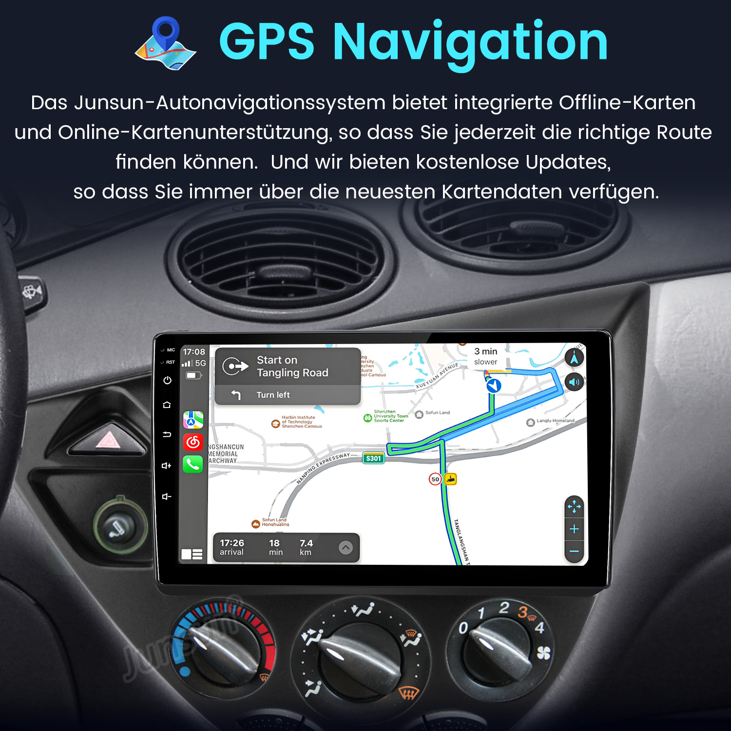 Auto-Armaturenbrett mit GPS-Navigationsbildschirm, der eine Routenkarte anzeigt. Klimaanlagenregler befinden sich unter dem Bildschirm.