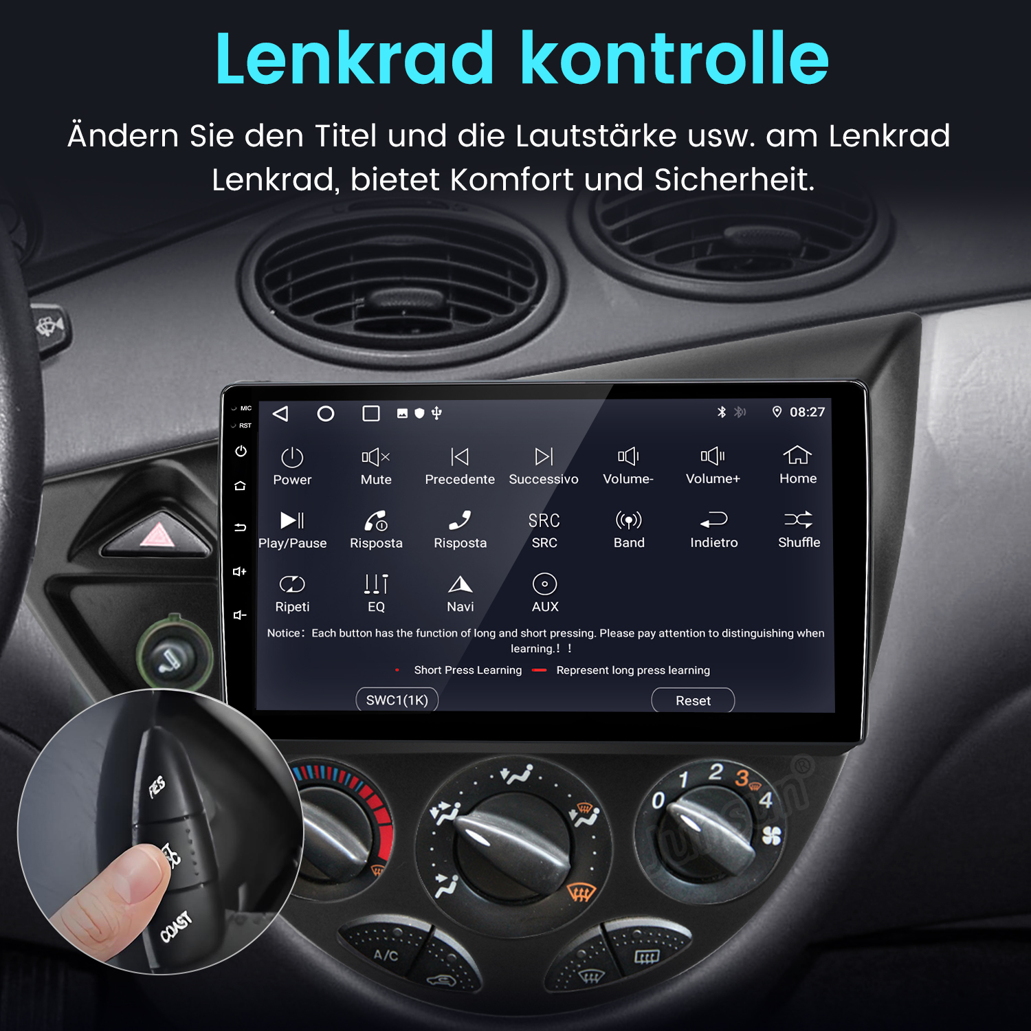 Autoinstrumententafel mit Multimedia-Bildschirm, Lenkradbedienelementen und Klimaanlagenreglern.