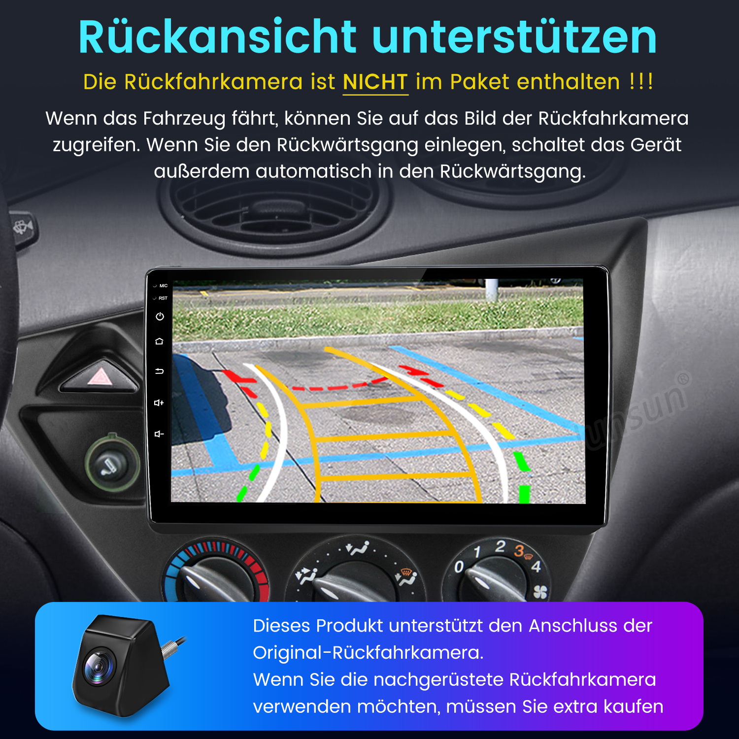 Armaturenbrett mit Bildschirm und Rückfahrkameraansicht. Eine kleine Kamera wird unten gezeigt. Text auf Deutsch erklärt die Funktionen.