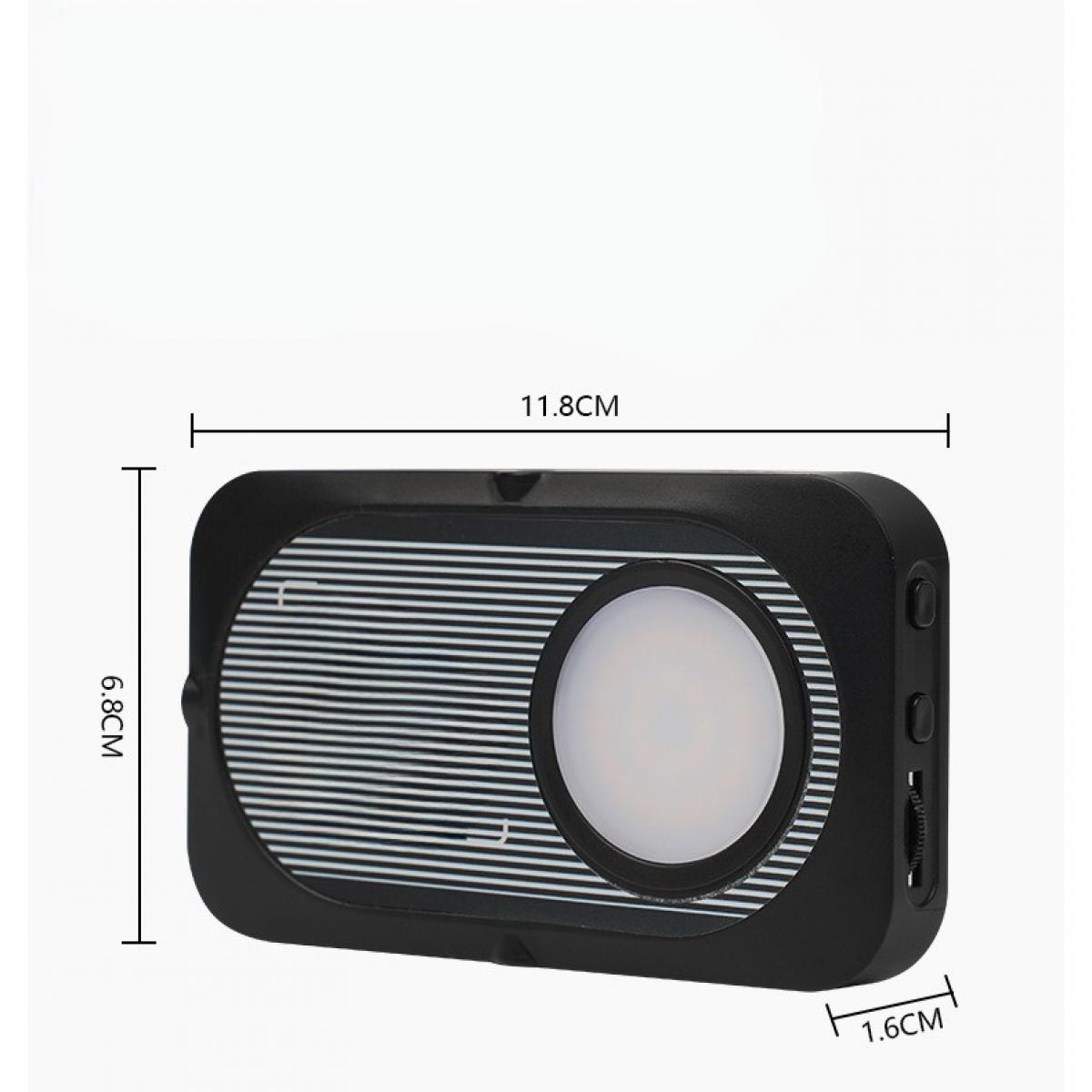 Ein schwarzes LED-Licht mit Maßen. Es hat ein rundes Licht in der Mitte und ein Streifenmuster auf der linken Seite.