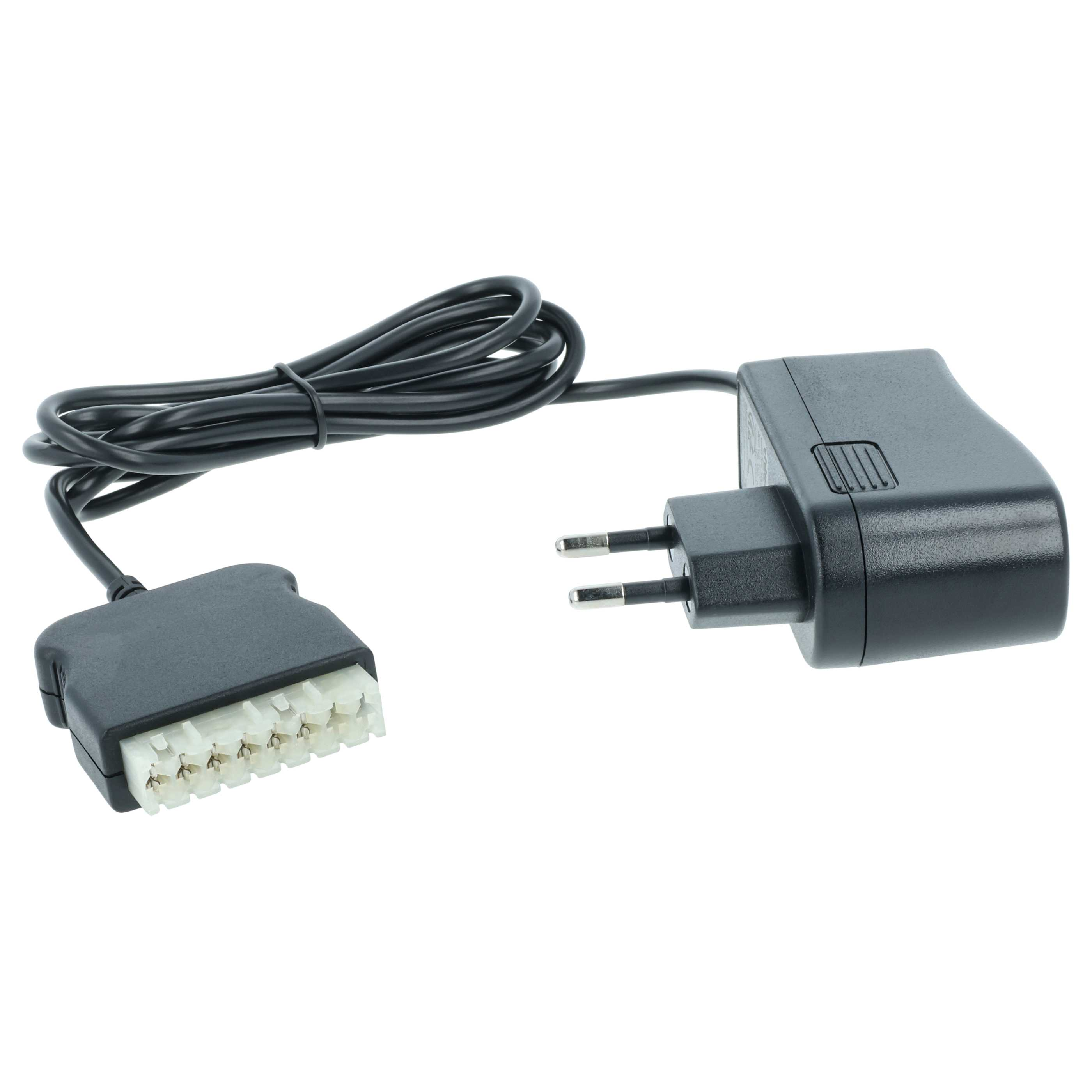 Ein schwarzes Netzteil mit Stecker und Anschluss, verbunden durch ein schwarzes Kabel, vor weißem Hintergrund.