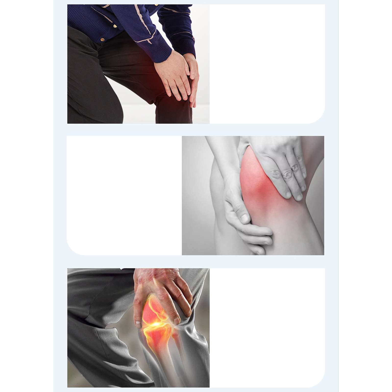 Bilder zeigen schmerzende Knie. Hände berühren Knie, eines mit sichtbaren Schmerzen. Andere Bilder zeigen die innere Struktur des Knies.