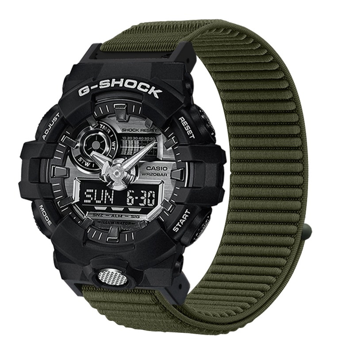 Eine schwarze G-Shock-Uhr mit digitaler Anzeige und einem grünen Stoffband. Die Uhr zeigt die Uhrzeit und andere Funktionen.