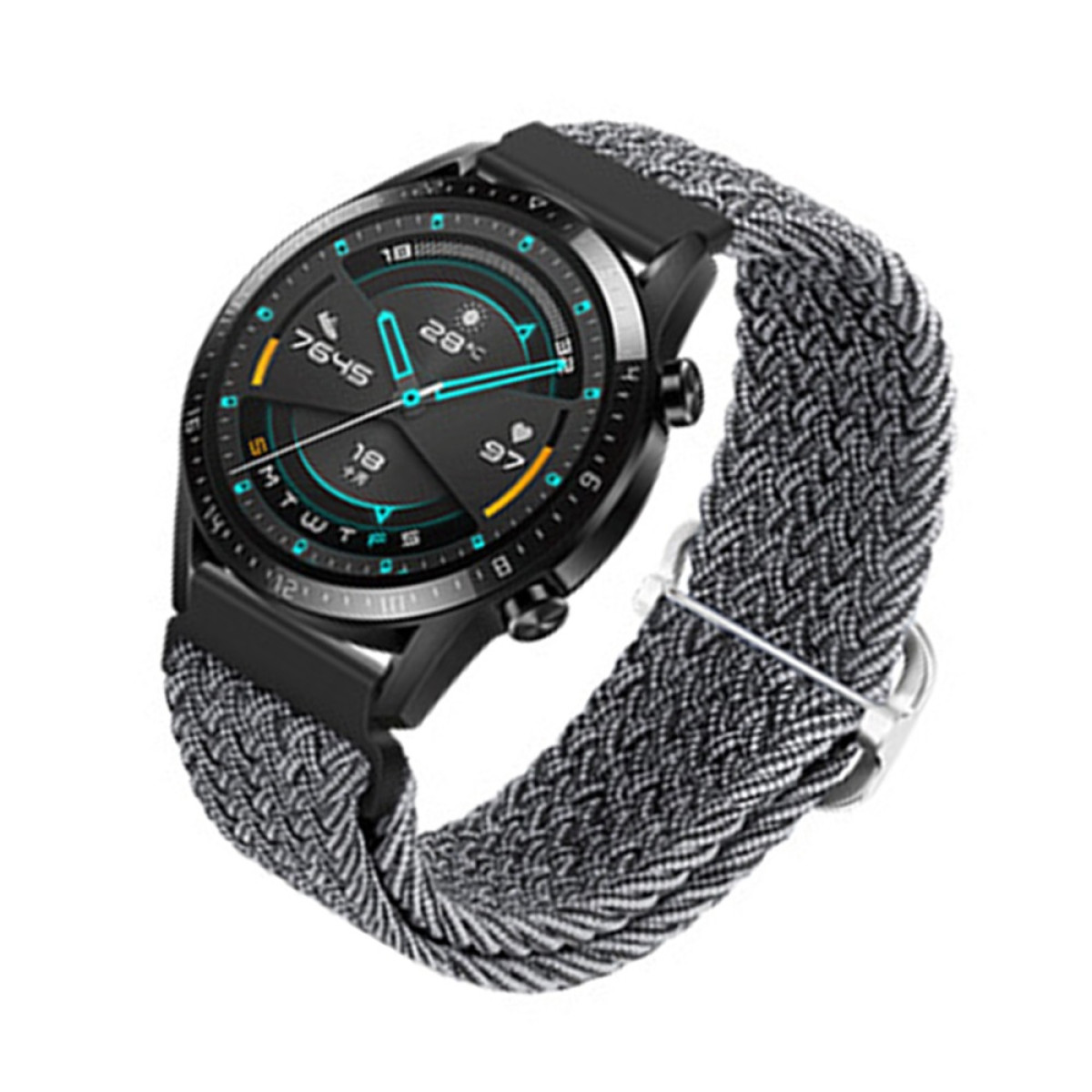 Eine schwarze Smartwatch mit grauem, gewebtem Armband. Die Uhr zeigt Zeit, Temperatur und Herzfrequenz. Sie befindet sich auf weißem Hintergrund.