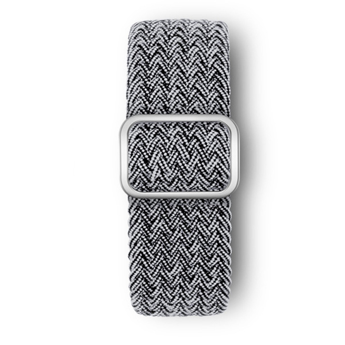 Ein Uhrenarmband mit einem schwarz-weißen Webmuster. Es hat eine silberne Schnalle und ist vor weißem Hintergrund platziert.