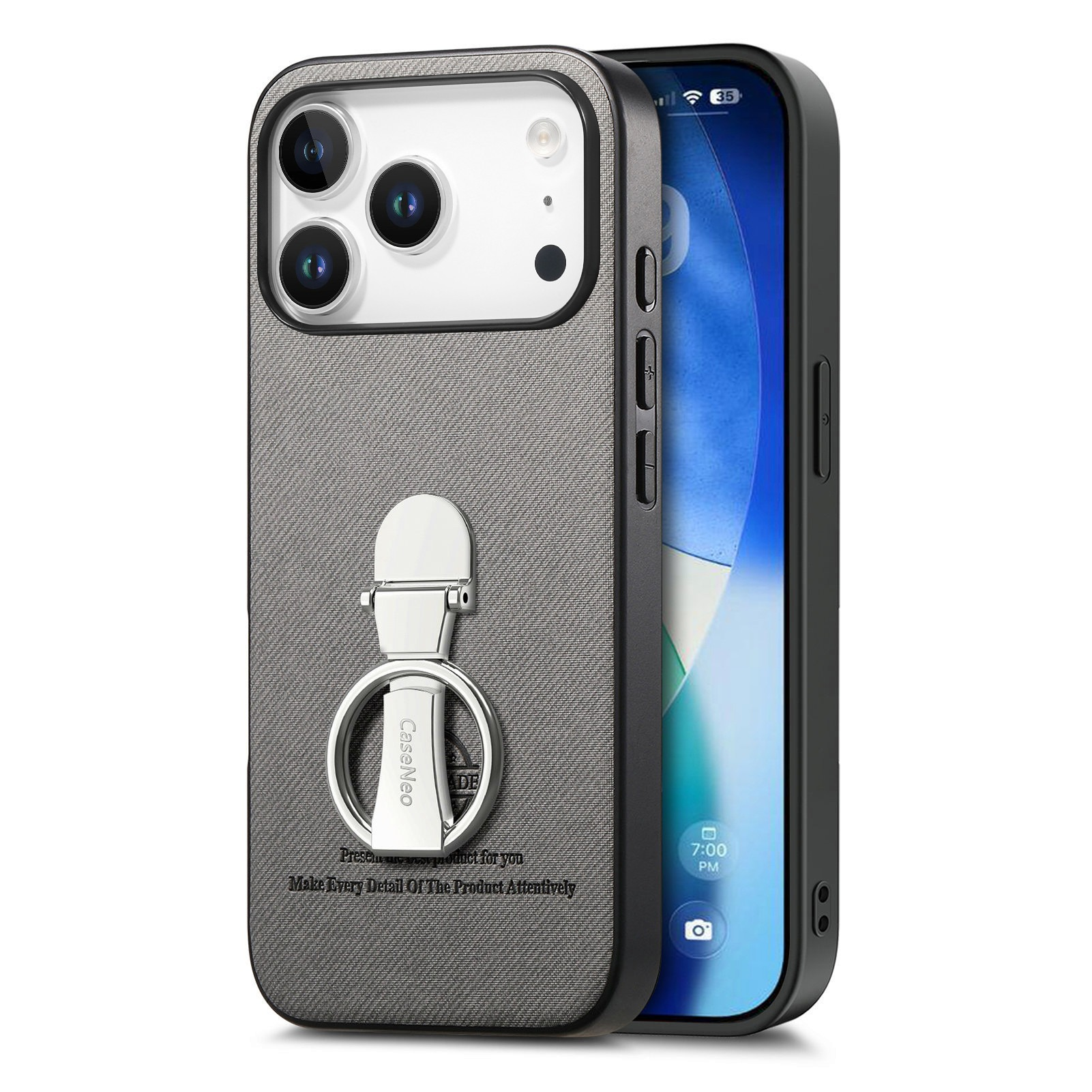 Un telefono in una custodia grigia con un anello. Lo schermo mostra l'ora. La custodia ha una fotocamera.