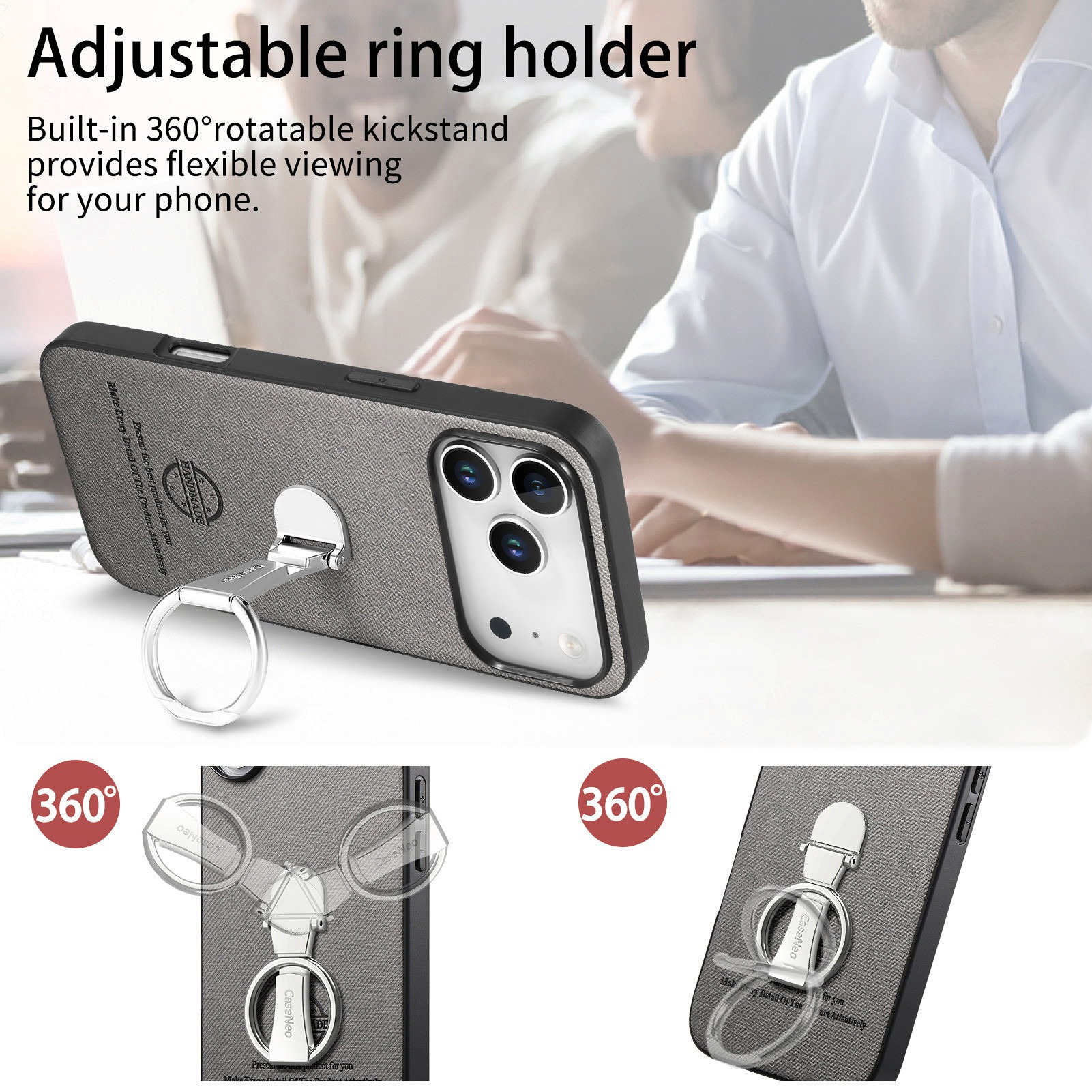 Una custodia per telefono con un anello portachiavi argentato. Ha un retro grigio strutturato e l'anello ruota di 360 gradi.