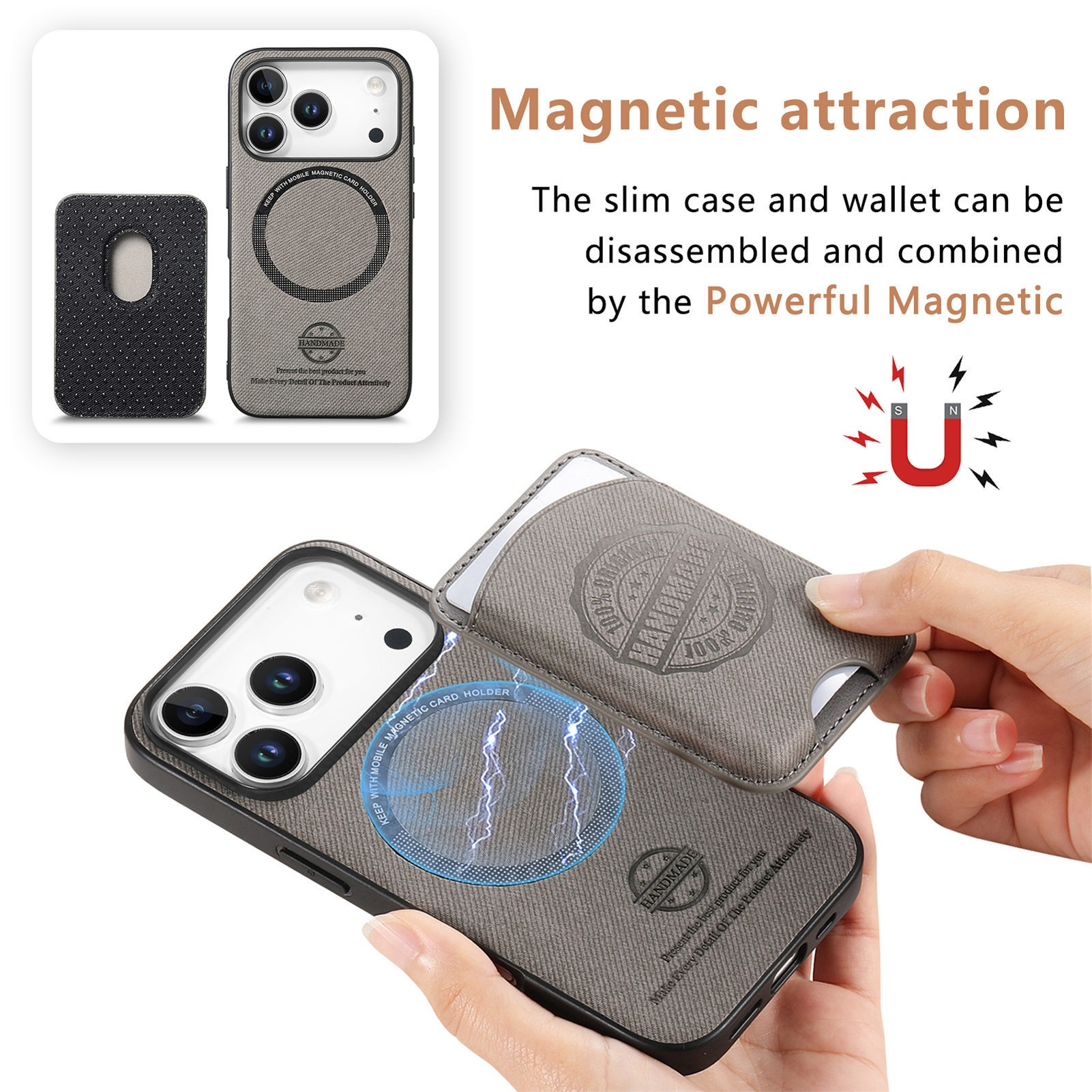 Una custodia per telefono e un portafoglio sono collegati magneticamente. Una mano tiene il portafoglio. La custodia e il portafoglio sono grigi.