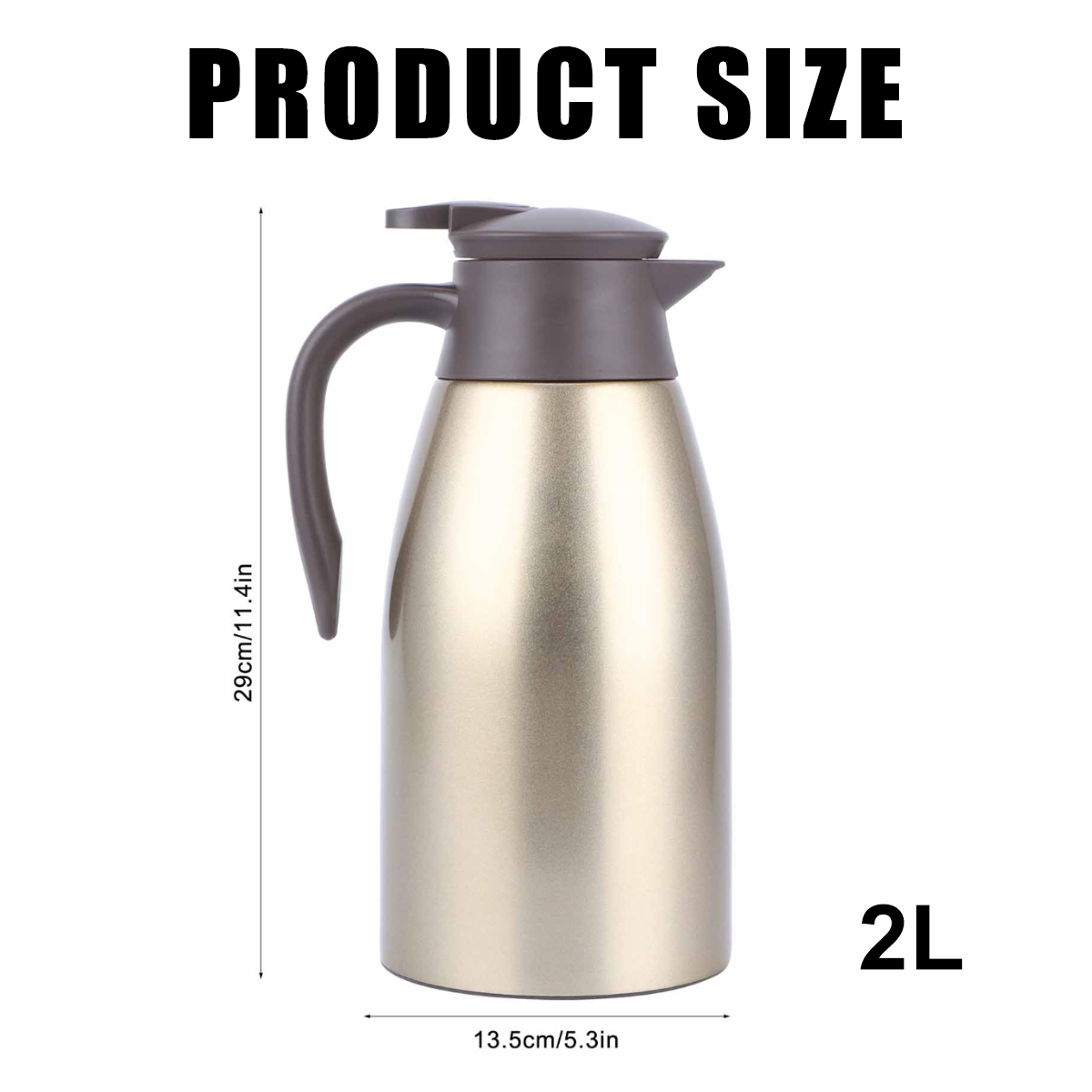 Eine metallische Thermoskanne mit braunem Griff und Deckel. Sie hat Maße und den Text 'PRODUCT SIZE' und '2L'.