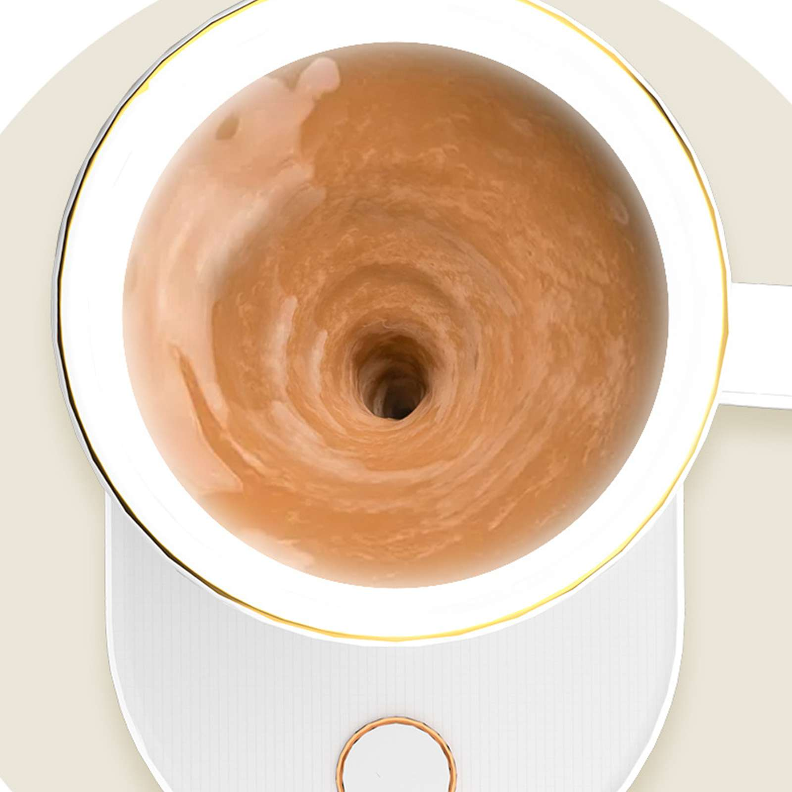 Draufsicht auf eine weiße Tasse mit Goldrand, gefüllt mit wirbelnder brauner Flüssigkeit. Der Griff ist rechts.