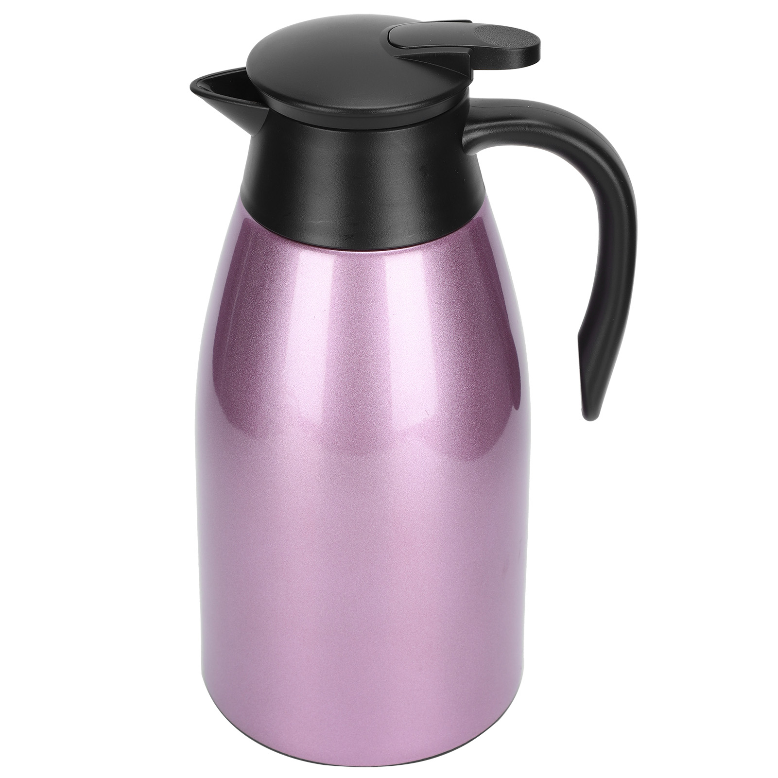 Eine rosa Thermoskanne mit schwarzem Deckel und Griff, isoliert auf weißem Hintergrund. Es hat ein metallisches Finish.
