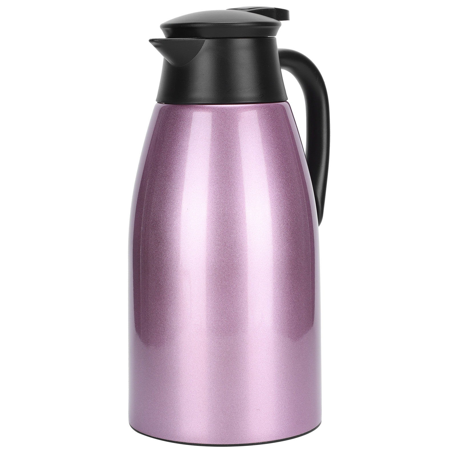 Eine rosa Thermoskanne mit schwarzem Deckel und Griff, isoliert auf weißem Hintergrund.