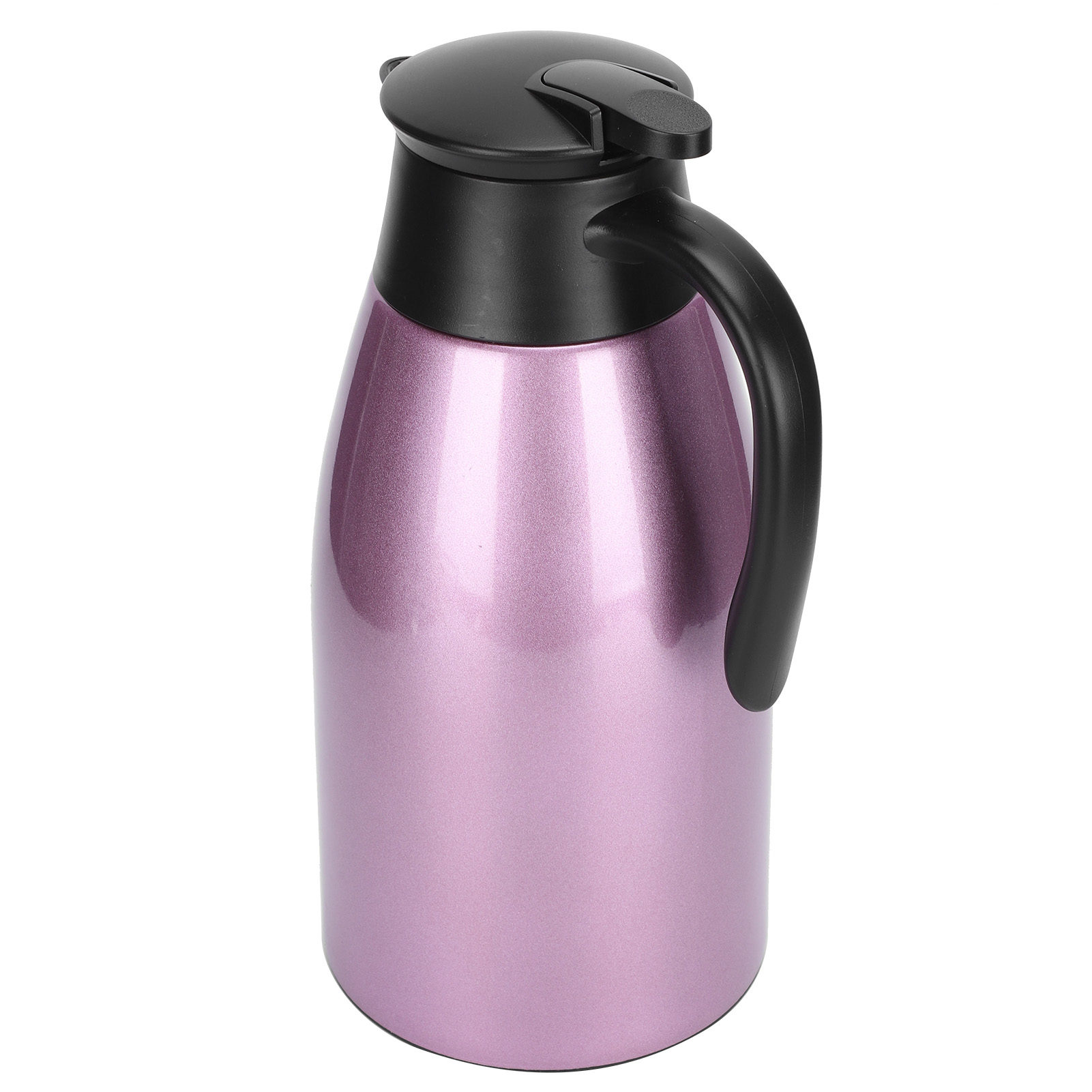 Eine rosa Thermoskanne mit schwarzem Griff und Deckel steht auf weißem Hintergrund.