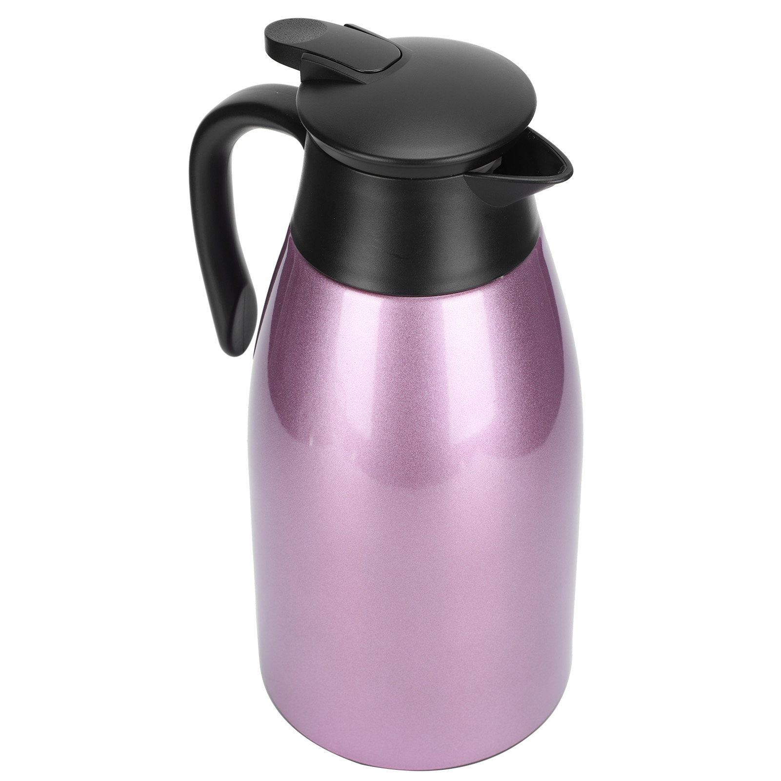 Eine rosa Thermoskanne mit schwarzem Griff und Deckel steht auf weißem Hintergrund. Die Thermoskanne glänzt.