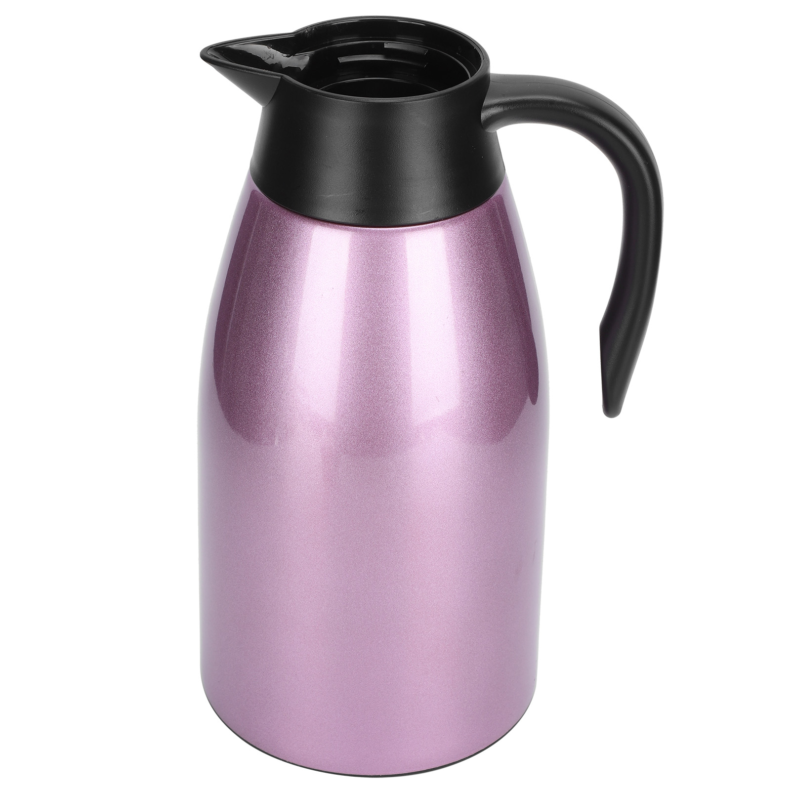Eine rosa Thermoskanne mit schwarzem Griff und Deckel auf weißem Hintergrund.
