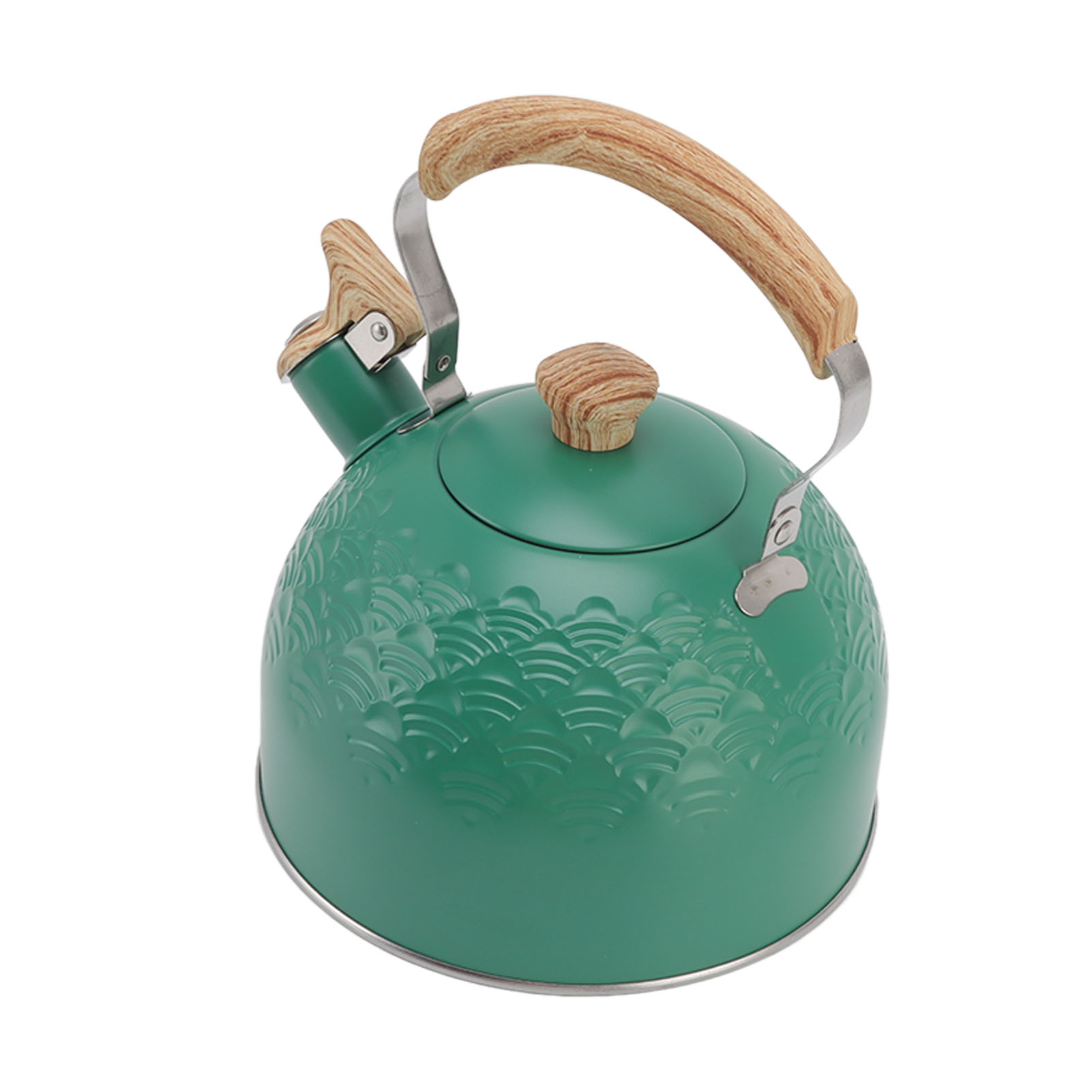 Grüner Wasserkocher mit Holzgriff und Deckelknopf. Er hat ein gemustertes Design und einen Ausguss.