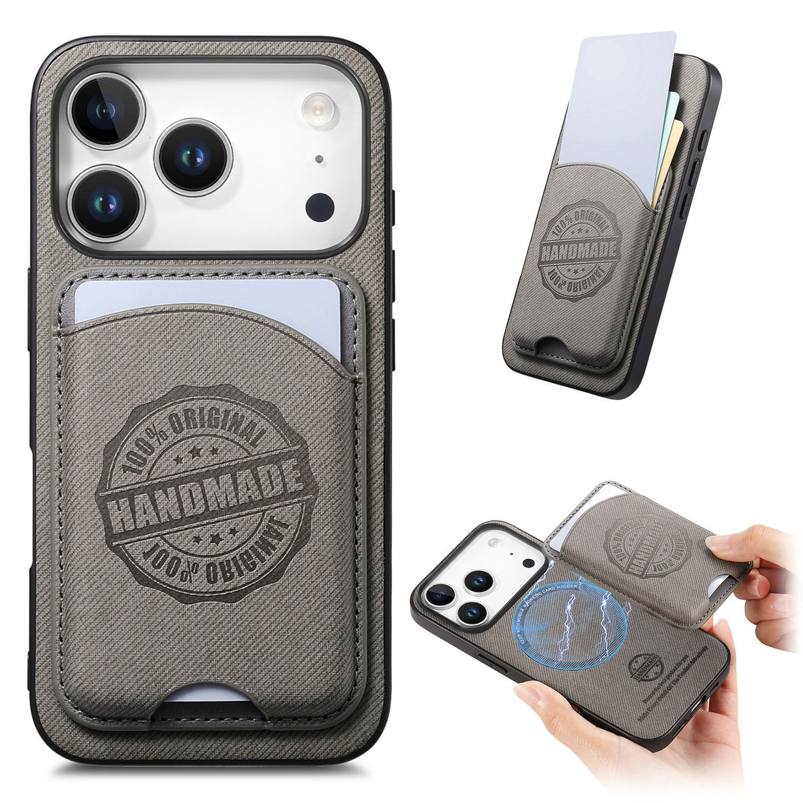 Custodia per telefono con porta carte. Tessuto grigio, con logo 'handmade'. Diverse viste mostrano carte e telefono.