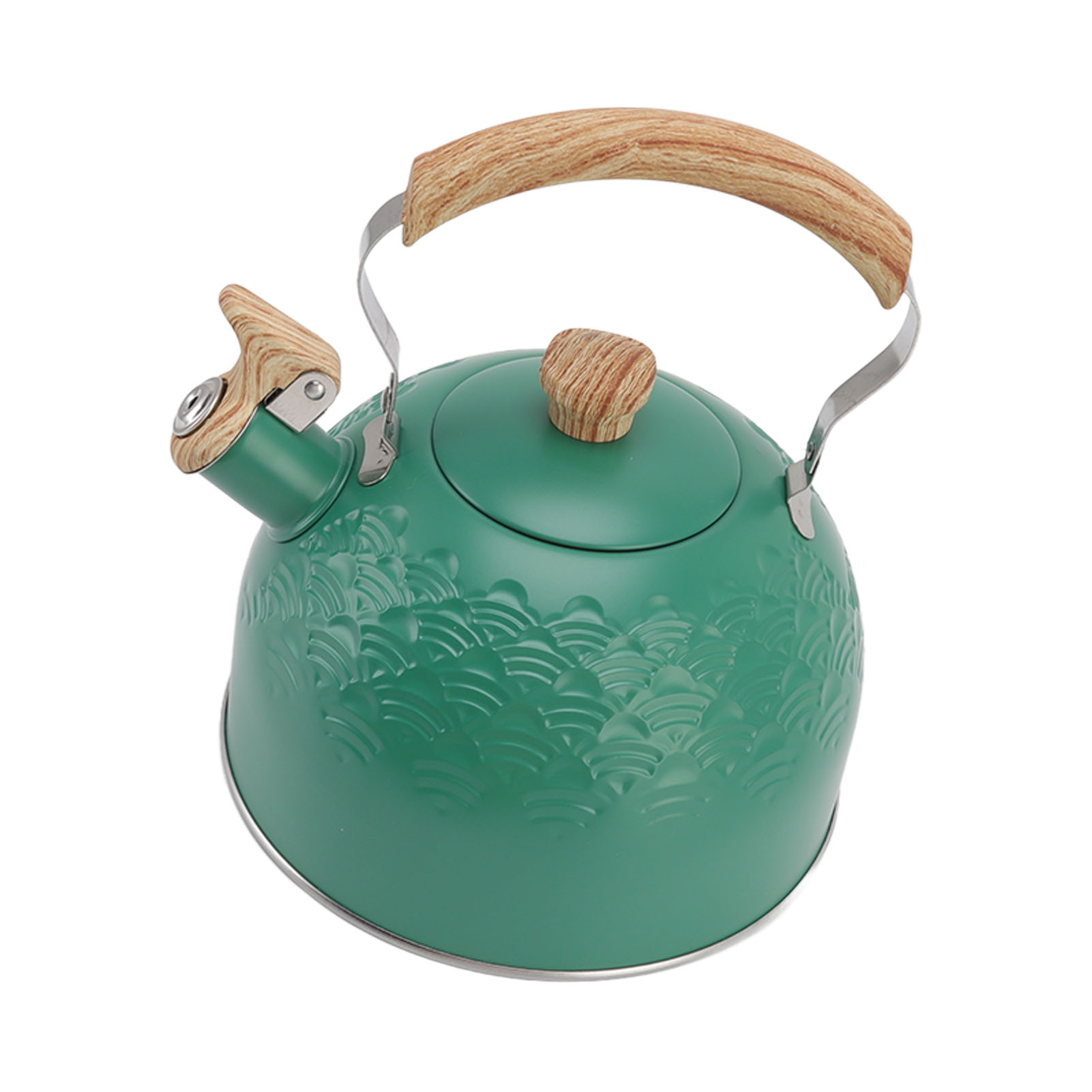 Ein grüner Wasserkocher mit Holzgriff und Deckelknopf. Er hat ein Wellenmuster auf der Oberfläche. Der Hintergrund ist weiß.
