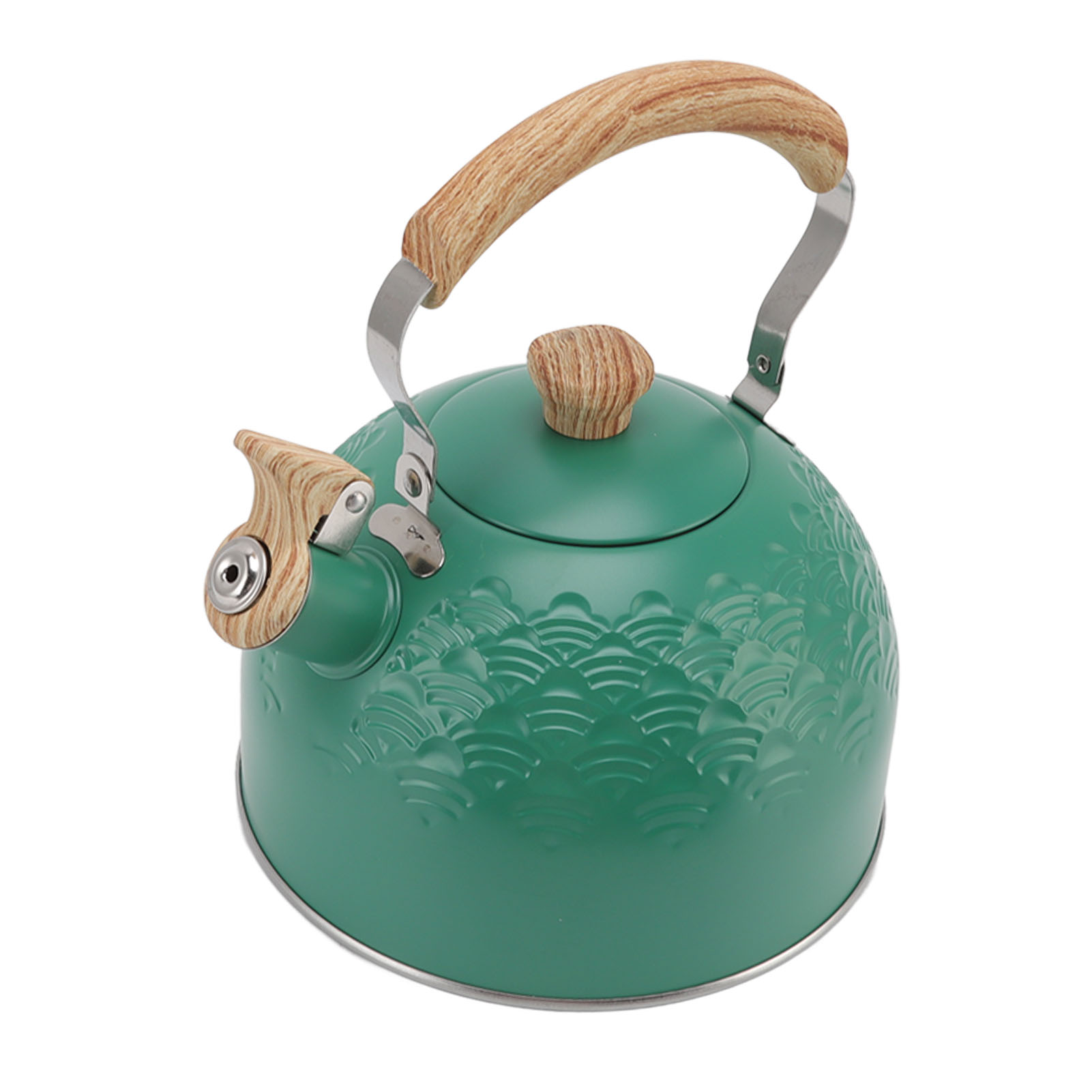 Grüner Wasserkocher mit Holzgriff und Deckel. Der Wasserkocher hat ein geprägtes Wellenmuster.