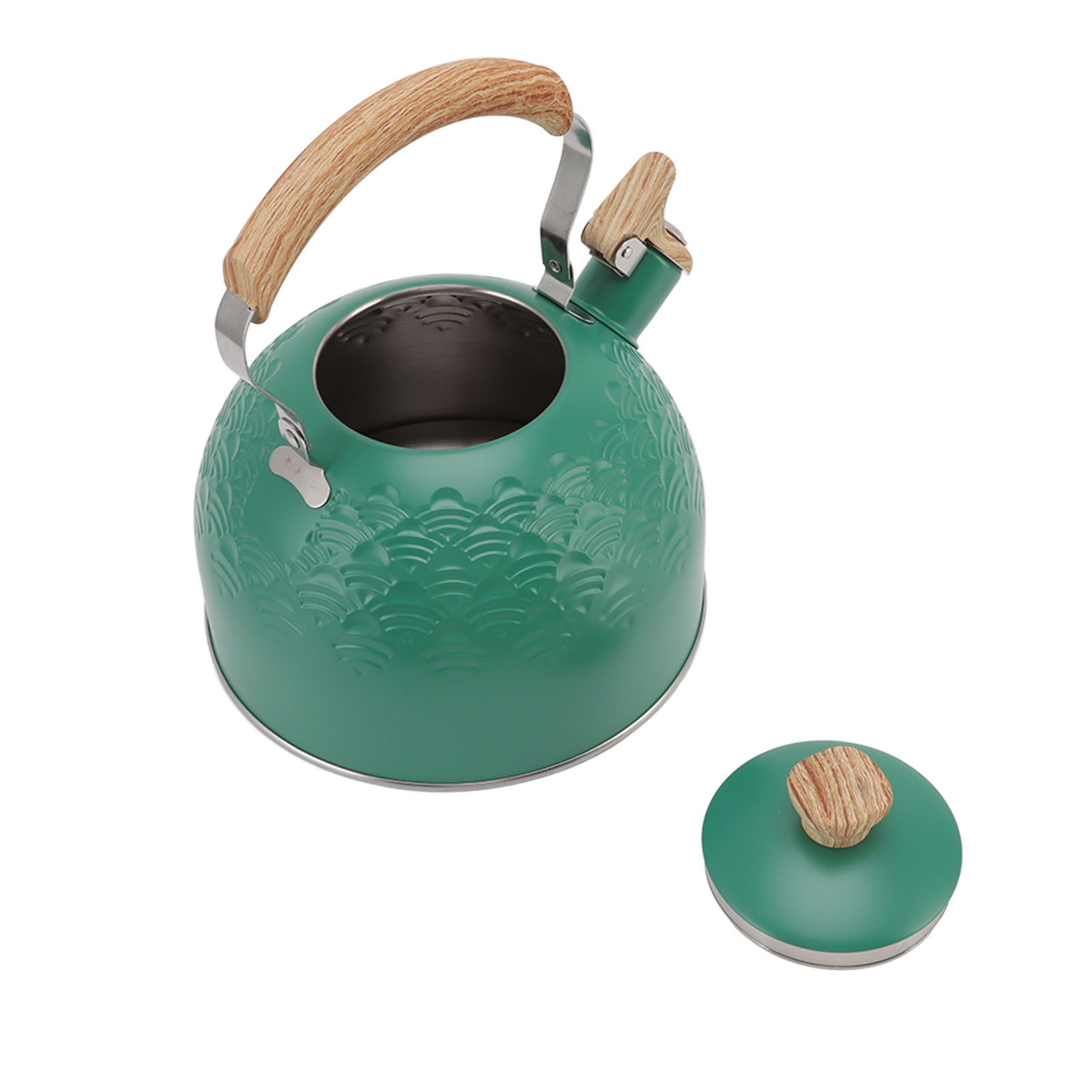 Grüner Wasserkocher mit Holzgriff und Deckel auf weißem Hintergrund. Der Wasserkocher hat ein Wellenmuster.