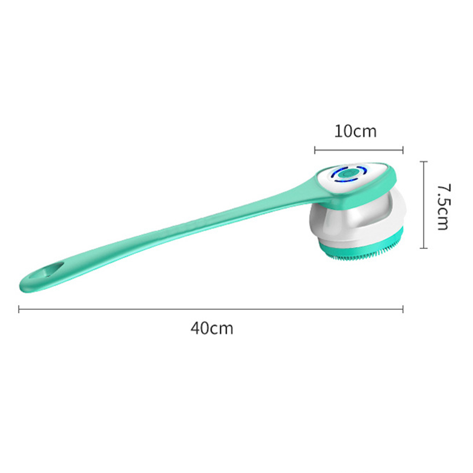 Eine grün-weiße Körperbürste mit langem Griff, 40 cm lang. Der Bürstenkopf ist 10 cm breit und 7,5 cm hoch.