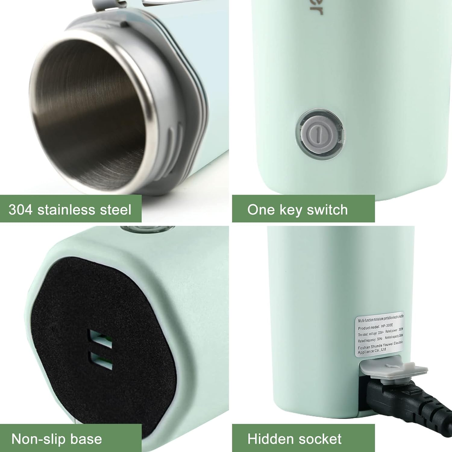 Das Bild zeigt Details eines mintgrünen Wasserkochers. Er hat einen Edelstahl-Innenraum, einen Ein-Knopf-Schalter, einen rutschfesten Boden und eine versteckte Steckdose.