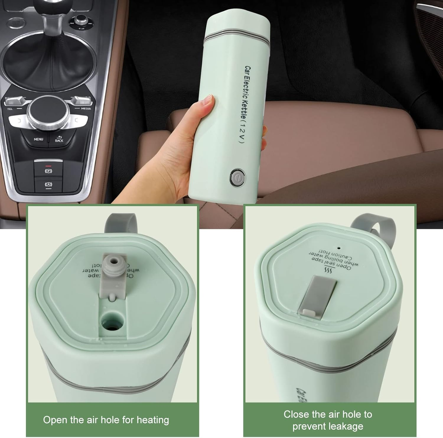 Eine Hand hält einen mintgrünen elektrischen Wasserkocher für das Auto. Er befindet sich in einem Auto. Der Deckel hat Anweisungen.