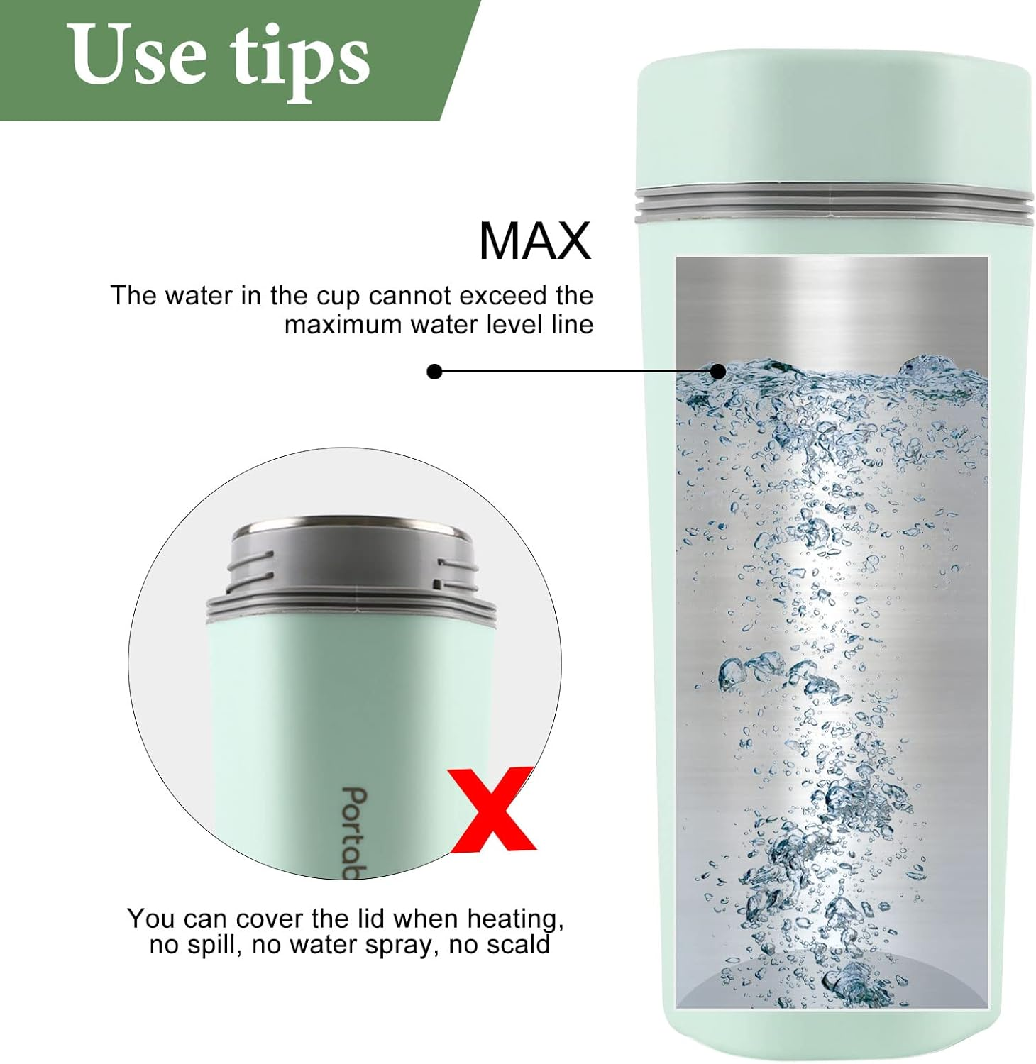 Illustration einer grünen Reisebechers. Der Wasserstand wird mit einer Max-Linie angezeigt. Text warnt davor, die Linie zu überschreiten.