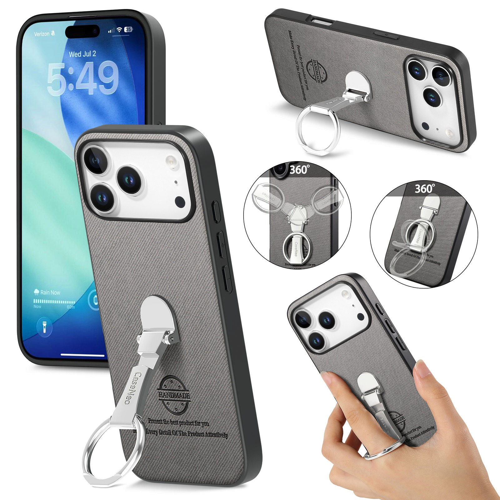 Un iPhone con custodia grigia, anello di supporto e ora 5:49. Vengono mostrate diverse angolazioni.