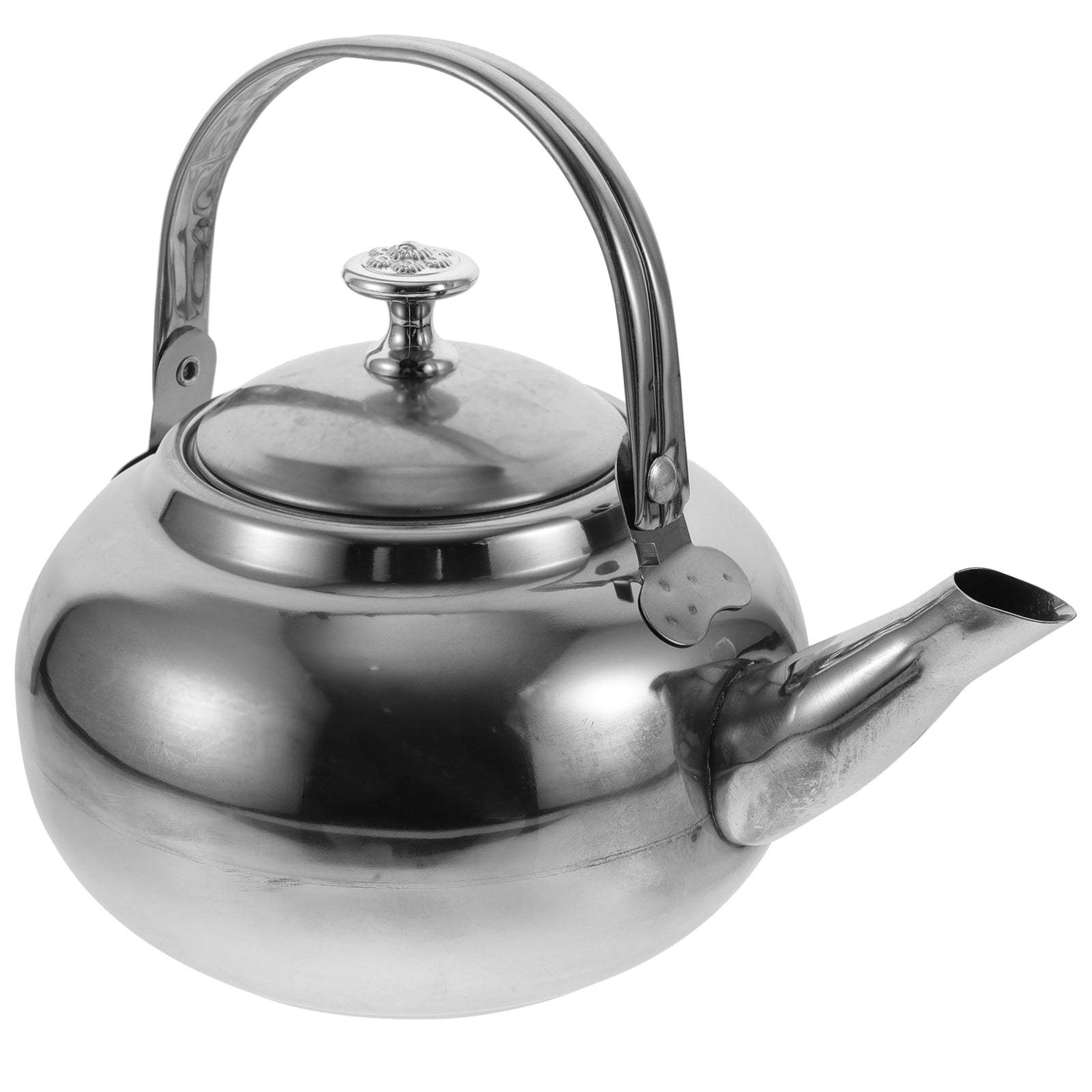 Ein glänzender Wasserkocher aus Edelstahl mit rundem Körper, Griff, Ausguss und Deckel mit Zierknopf.
