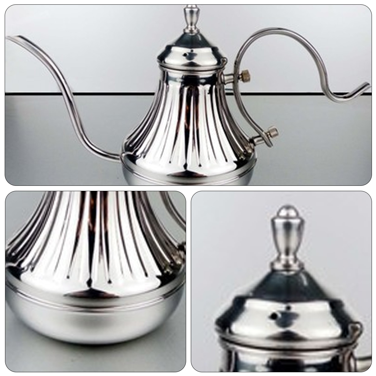 Eine glänzende, silberne Metall-Kaffeekanne mit langem Ausguss, gebogenem Griff und dekorativer Spitze, vor grauem Hintergrund.