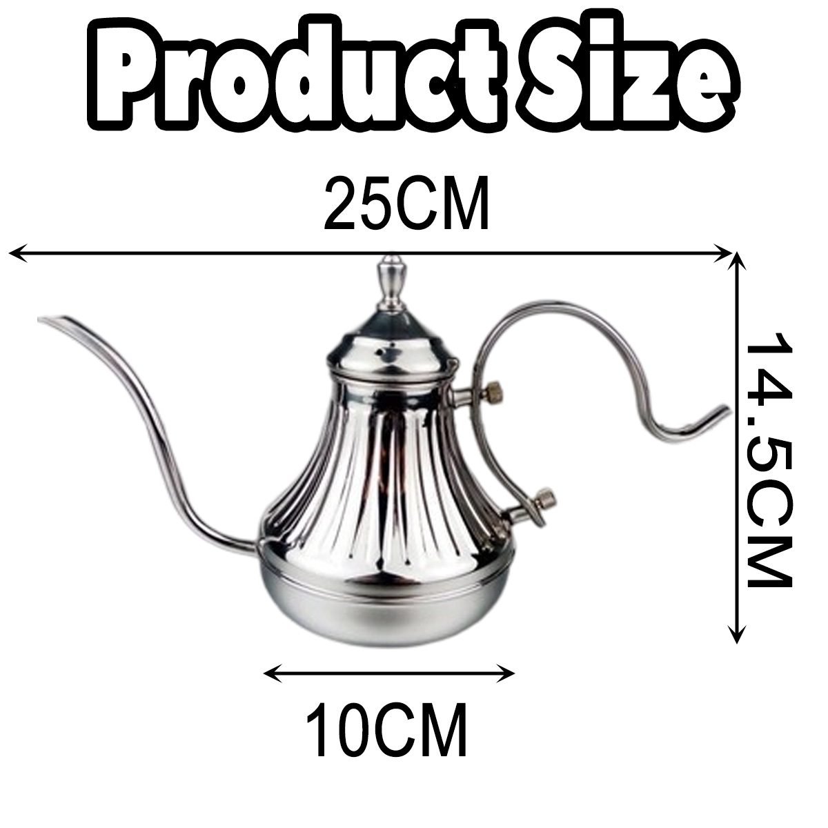 Ein Metall-Schwanenhalskessel. Die Abmessungen sind 25 cm lang, 14,5 cm hoch und 10 cm breit. Die Produktgröße steht oben.