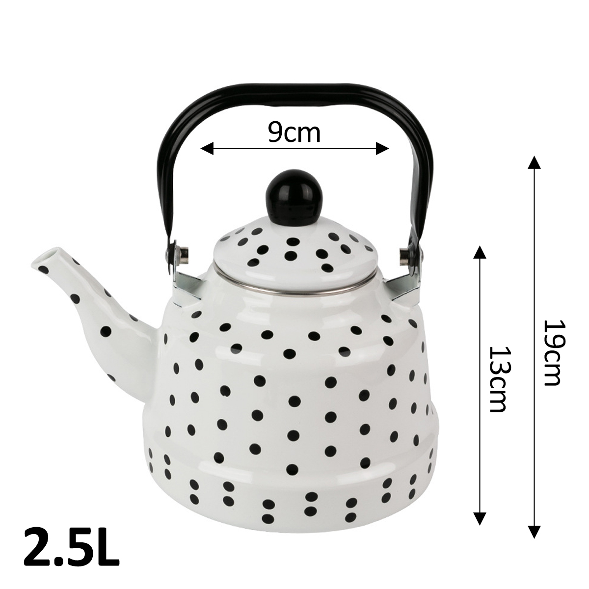 Weißer Wasserkocher mit schwarzen Punkten, schwarzem Griff und Deckel. Abmessungen und Fassungsvermögen: 19 cm, 13 cm, 9 cm und 2,5 l.