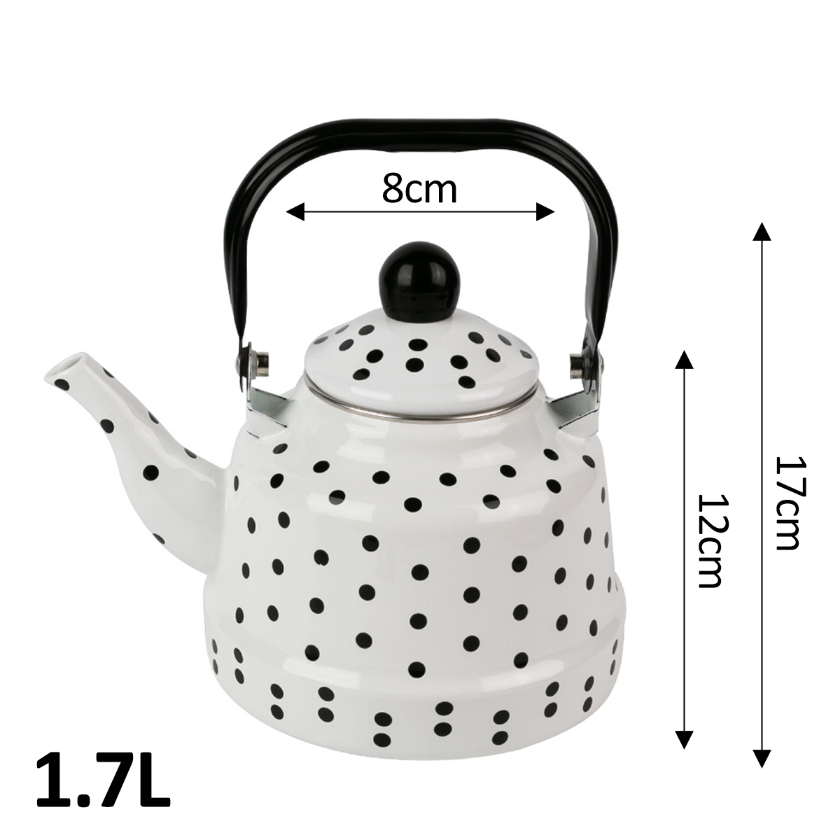 Eine weiße Teekanne mit schwarzen Tupfen, einem schwarzen Griff und einem schwarzen Deckelknauf. Abmessungen: 17 cm hoch, 12 cm breit und 8 cm Griff.