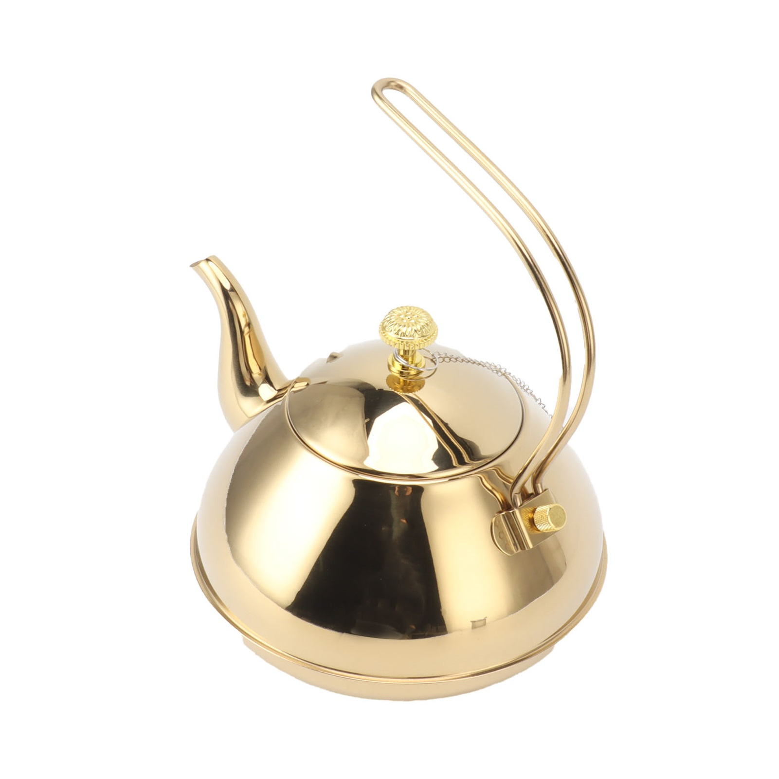 Eine goldene, glänzende Teekanne mit Henkel und Ausguss, vor weißem Hintergrund. Der Deckel hat einen kleinen Zierknopf.