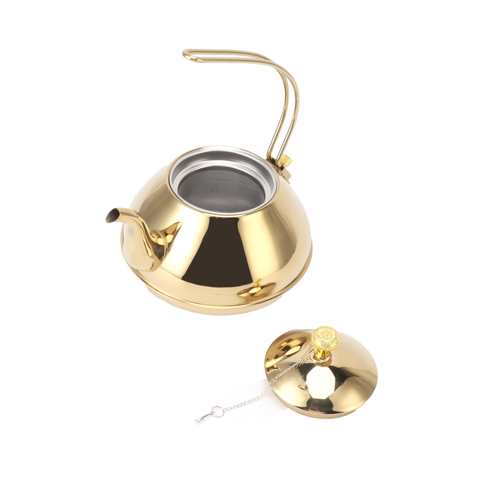 Goldene Teekanne mit Deckel und Henkel vor weißem Hintergrund. Der Deckel ist mit Kette abgenommen.