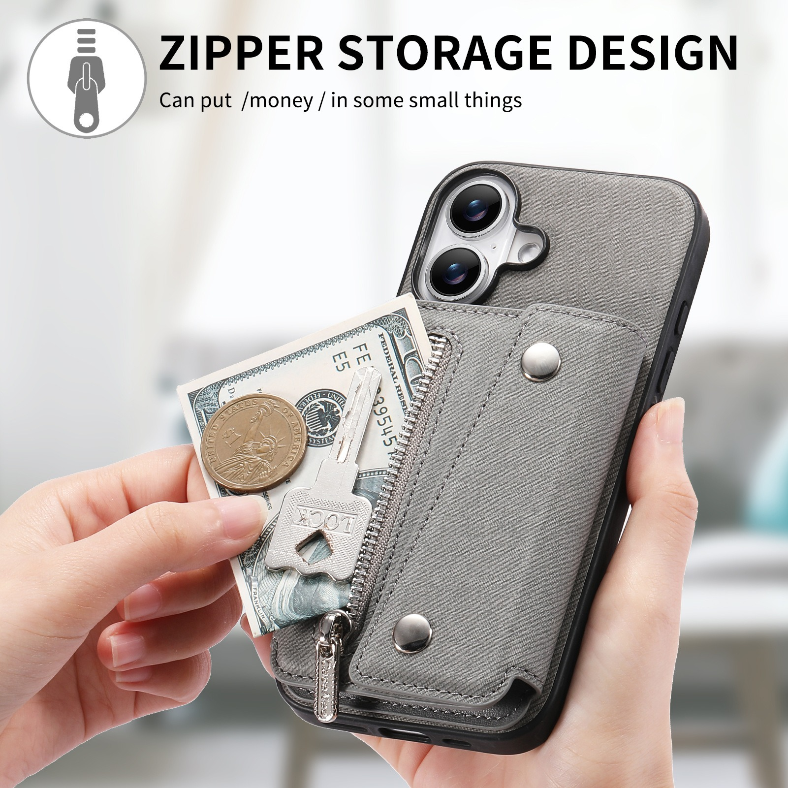 La mano tiene soldi, moneta e chiave, mettendoli in una custodia grigia per telefono con cerniera. Testo: ZIPPER STORAGE DESIGN.