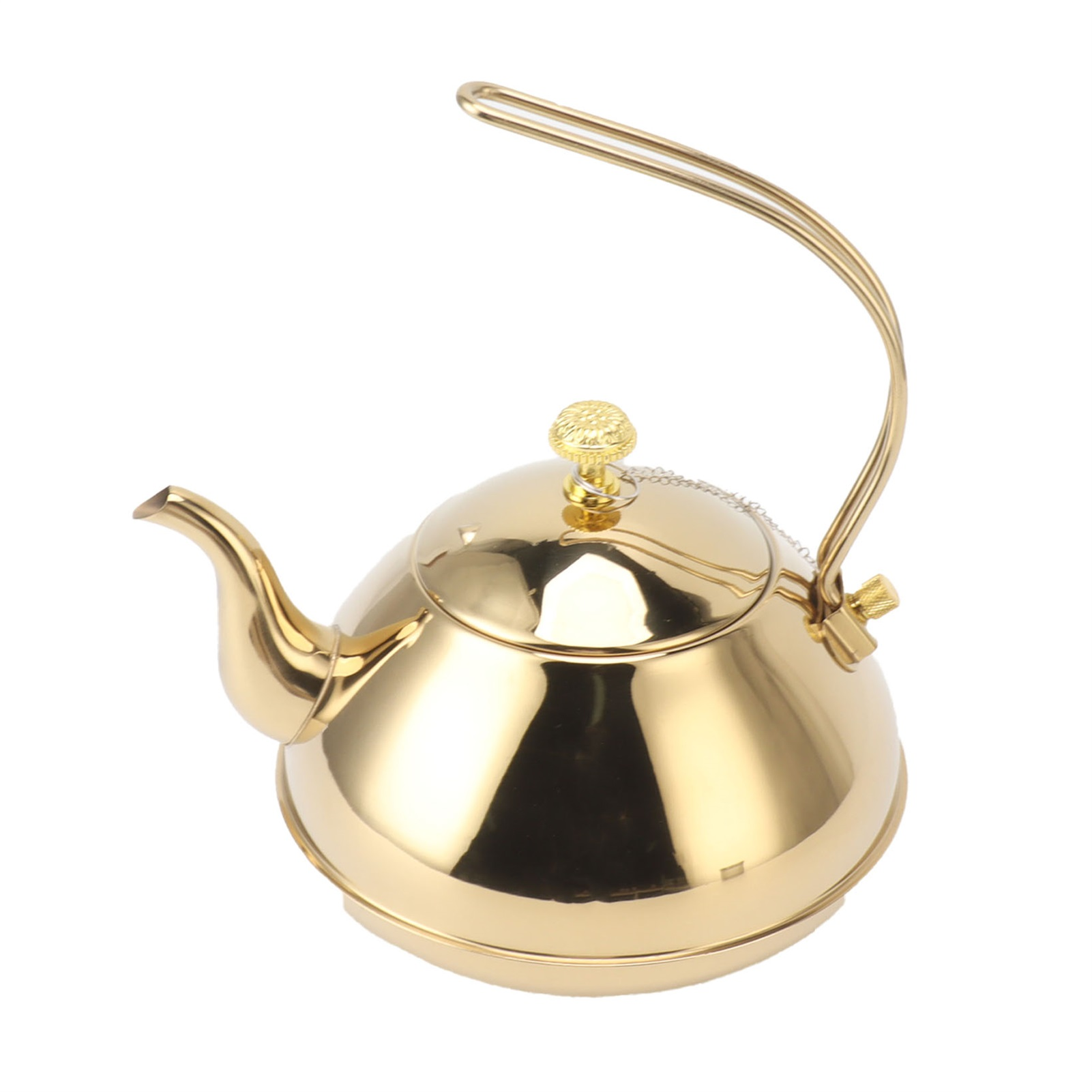 Eine goldene Teekanne mit gebogenem Griff und Ausguss, vor weißem Hintergrund.