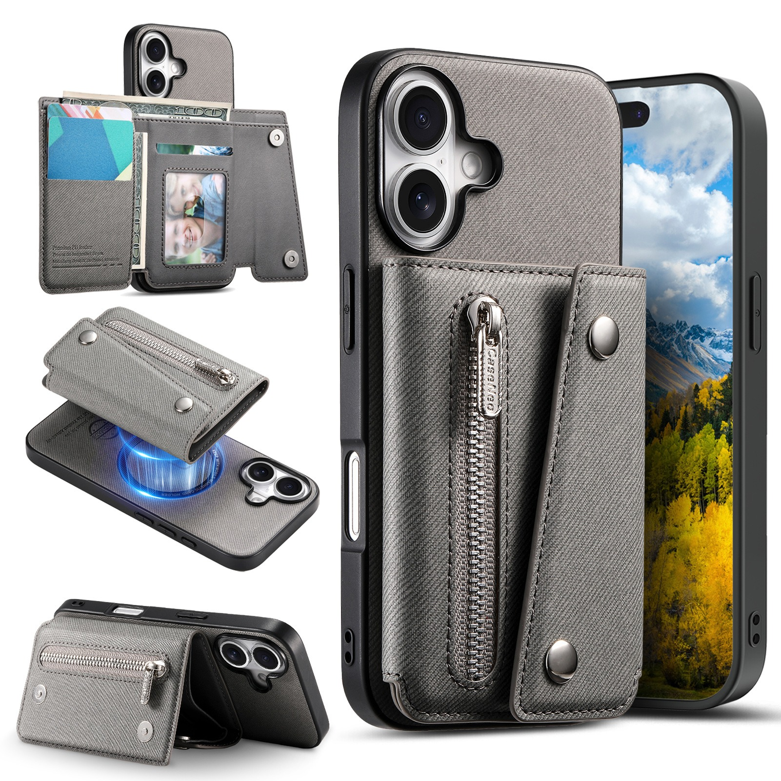 Una custodia grigia per telefono con funzione portafoglio, che mostra denaro, carte e foto. Ha una cerniera e un attacco magnetico.