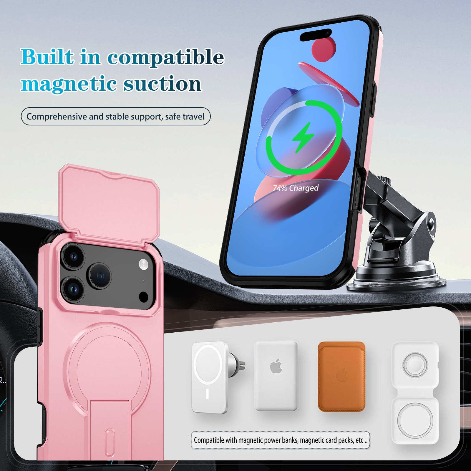 Rosa Handyhülle mit iPhone, zeigt 74% Ladung. Zubehör: Autohalterung und magnetische Aufsätze.