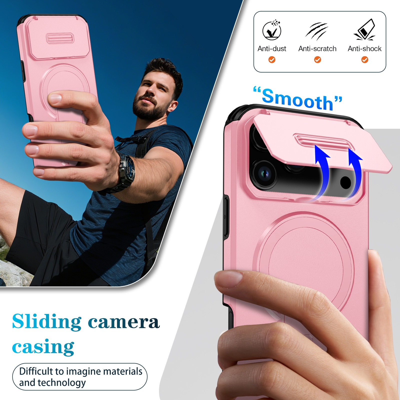 Ein Mann hält eine rosa Handyhülle. Die Hülle hat eine verschiebbare Kameraabdeckung. Text lautet 'Smooth' und 'Sliding camera casing'.