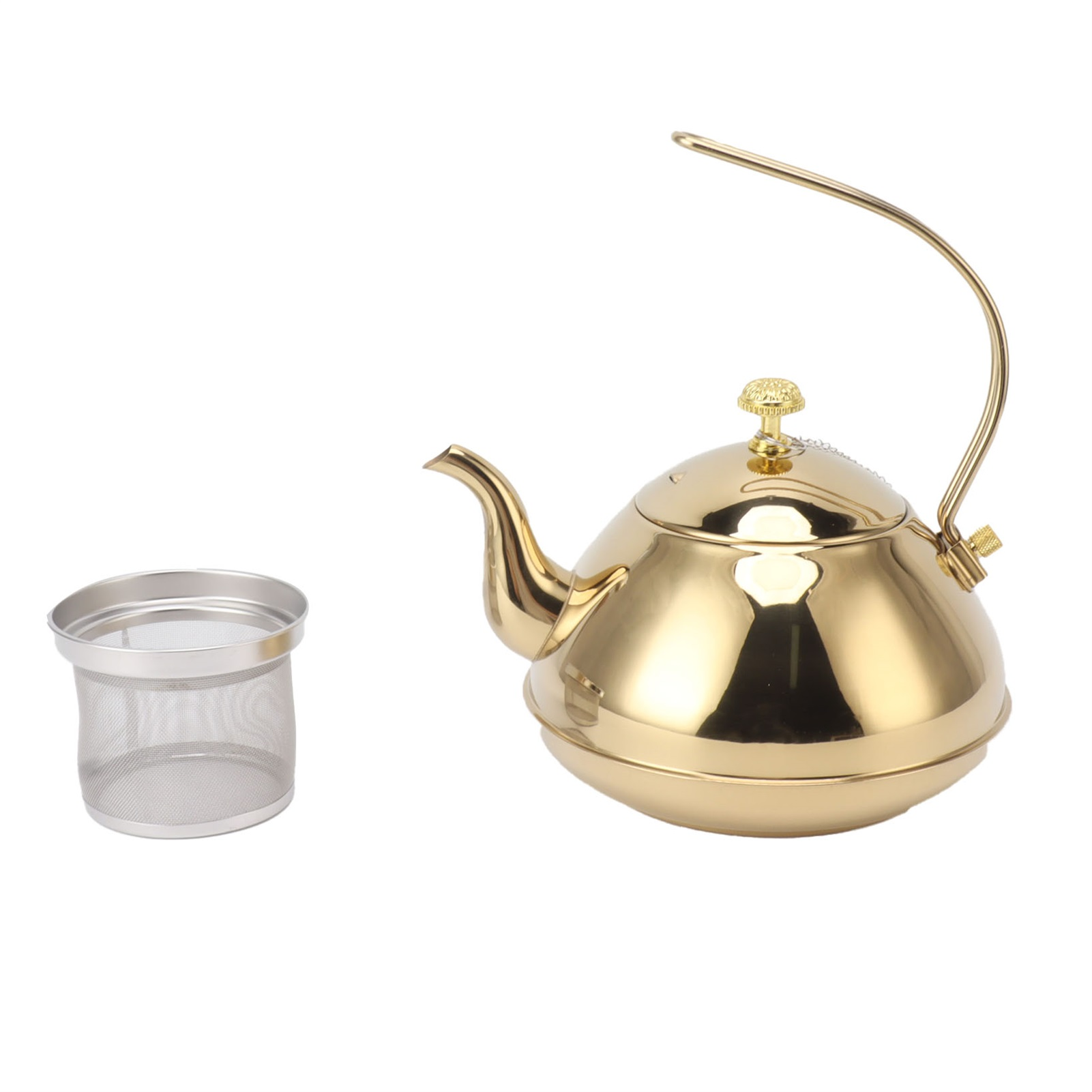 Eine goldene Teekanne mit gebogenem Griff und einem Tee-Aufguss daneben. Beide Objekte befinden sich auf weißem Hintergrund.