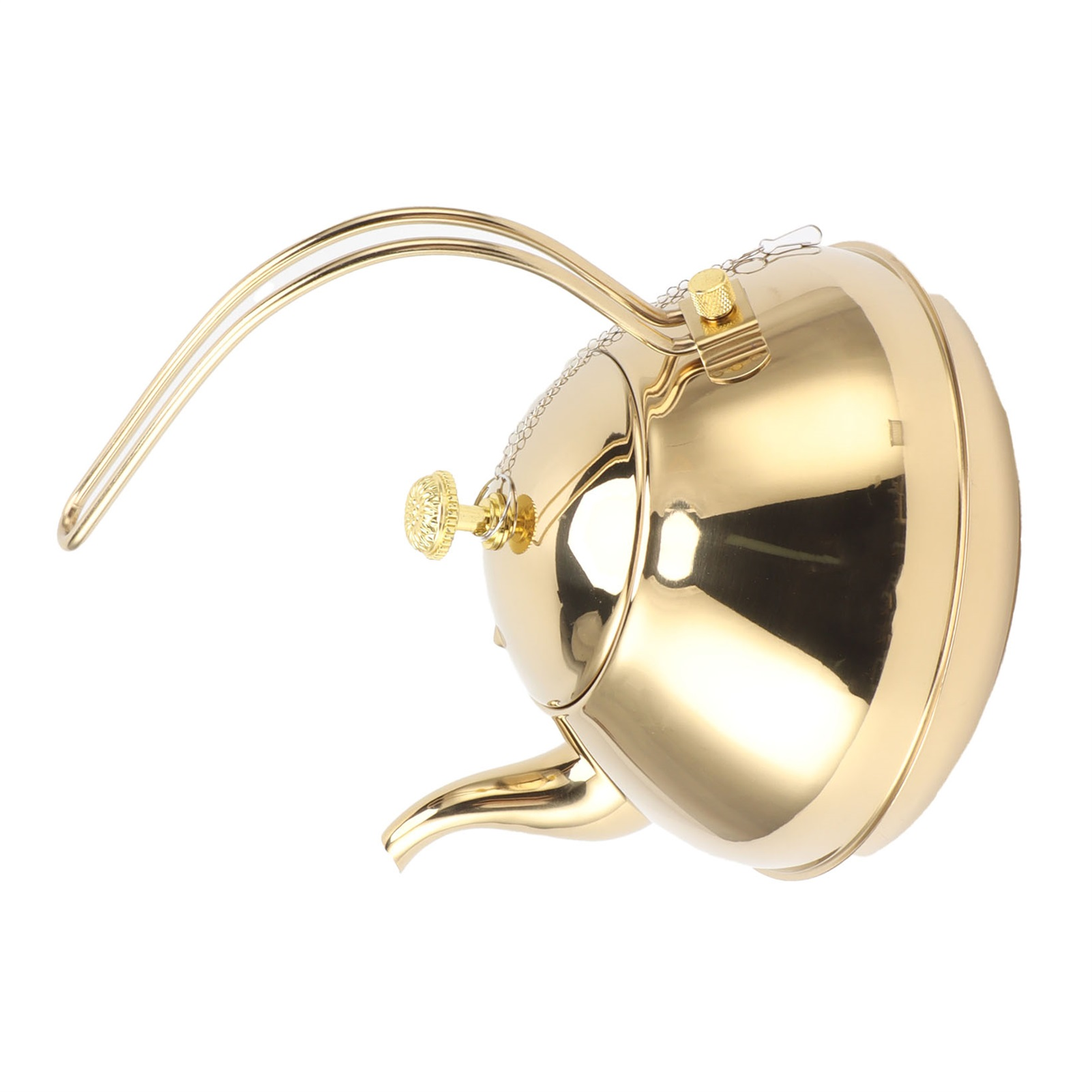 Eine goldene Teekanne mit gebogenem Griff und Ausguss. Sie hat einen runden Körper und einen detaillierten Knopf und Deckel.