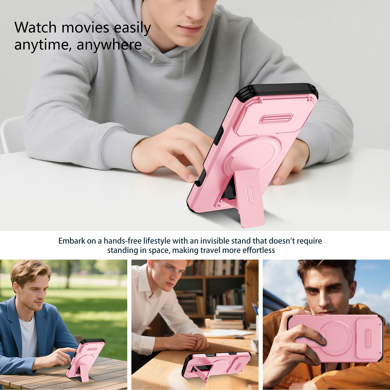 Mann benutzt eine pinkfarbene Handyhülle mit Ständer. Die Hülle liegt auf einem Tisch. Der Hintergrund ist eine weiße Wand.