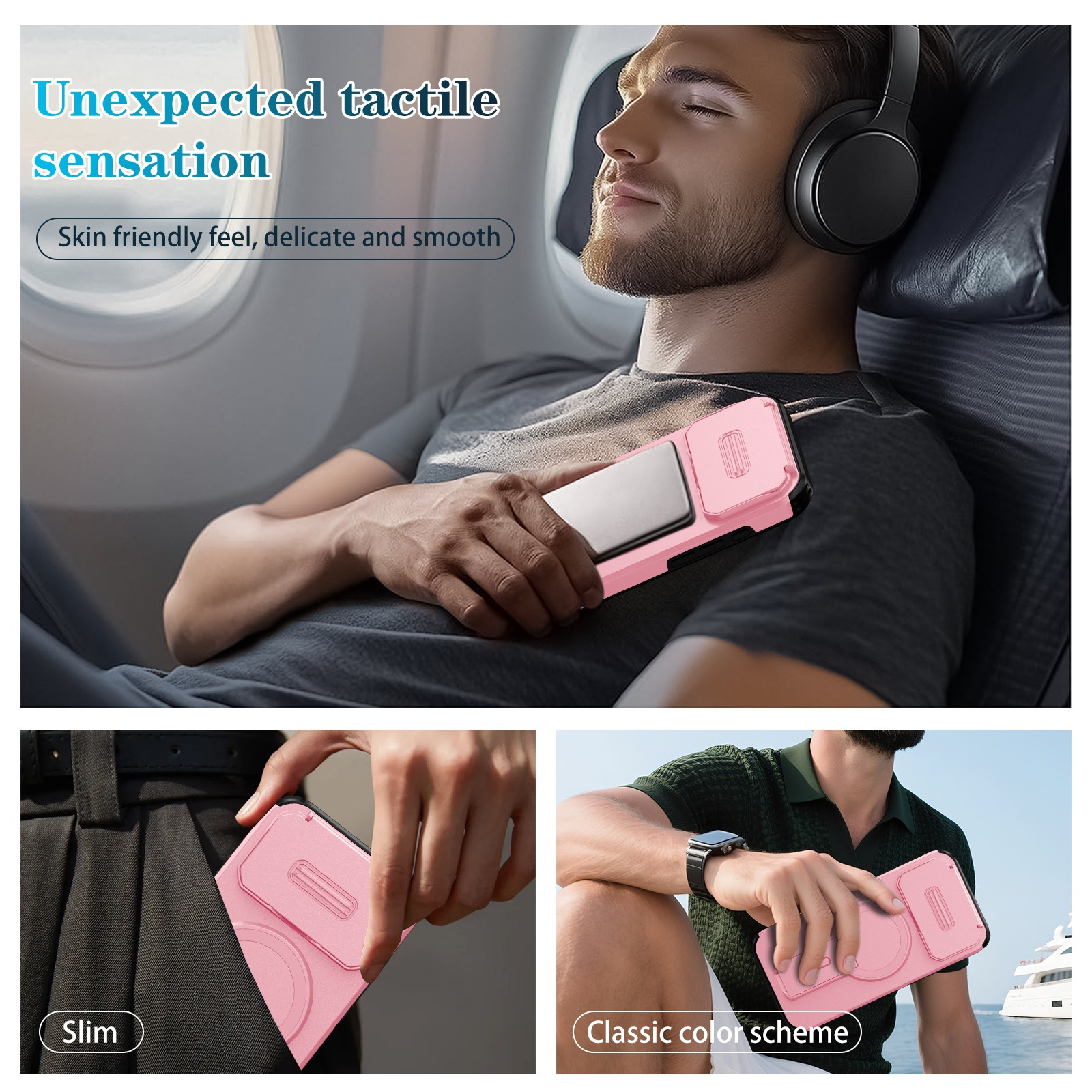 Mann mit Kopfhörern im Flugzeug, hält eine rosa Handyhülle. Die Hülle ist schlank und hat ein klassisches Farbschema.