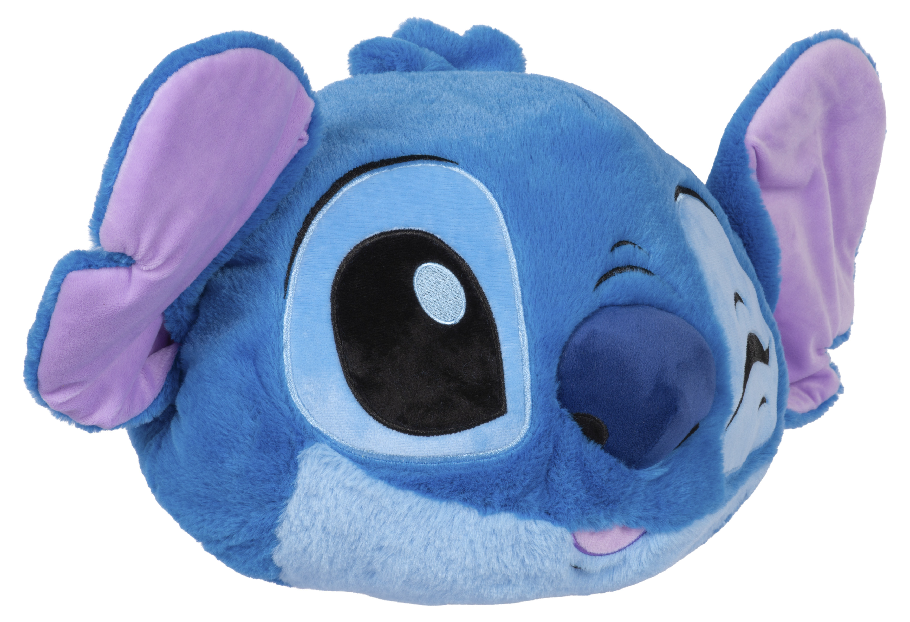 Ein blauer Stitch-Plüschtierkopf mit großen Ohren und einem schwarzen Auge auf weißem Hintergrund.