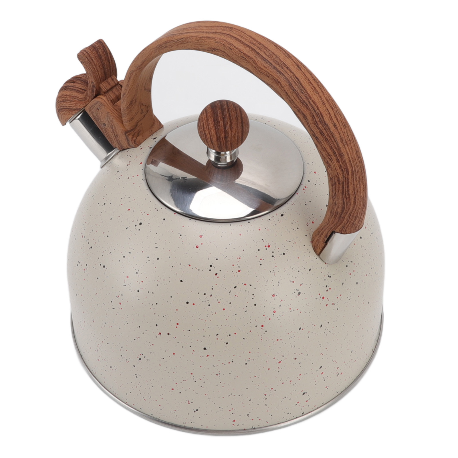 Ein gesprenkelter cremefarbener Wasserkocher mit Holzgriff und Deckelknopf. Rote und schwarze Flecken bedecken den Körper, mit Holzmaserung.