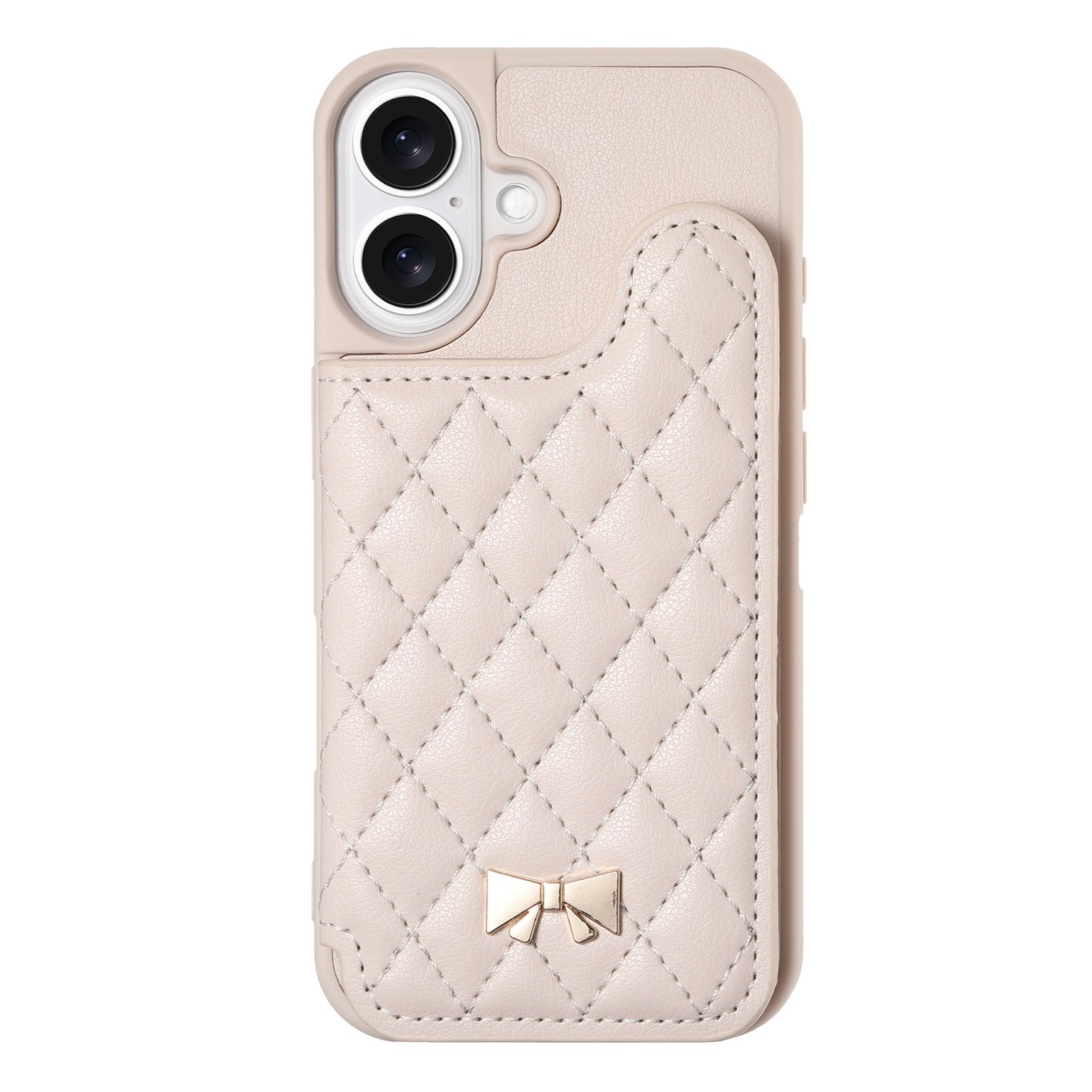 Beige Handyhülle mit Steppdesign und goldener Schleife. Hat Kameraausschnitte und Kartenfach.